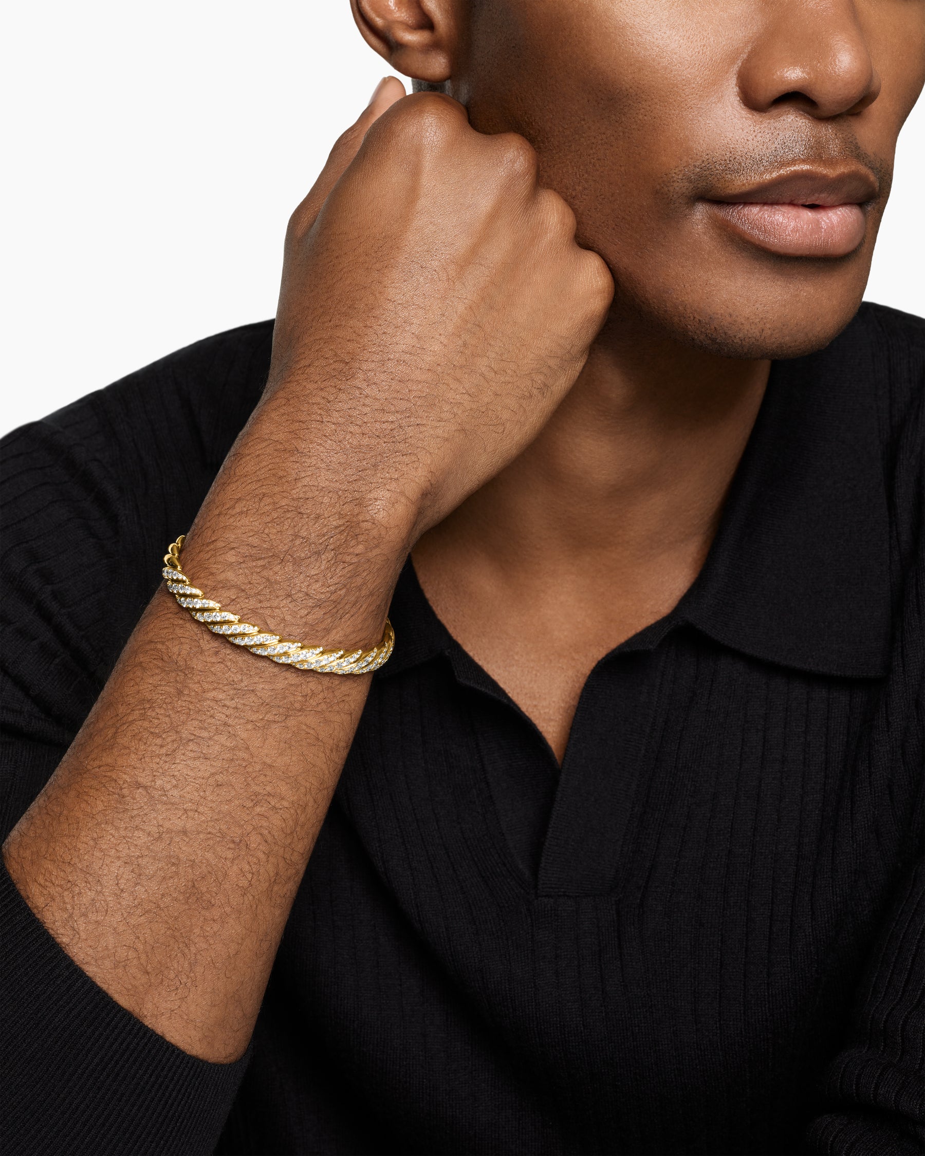 Alternative view of Sculpted Cable Pavé Flex Bracelet in 18K Yellow Gold with Diamonds, 7.5mm