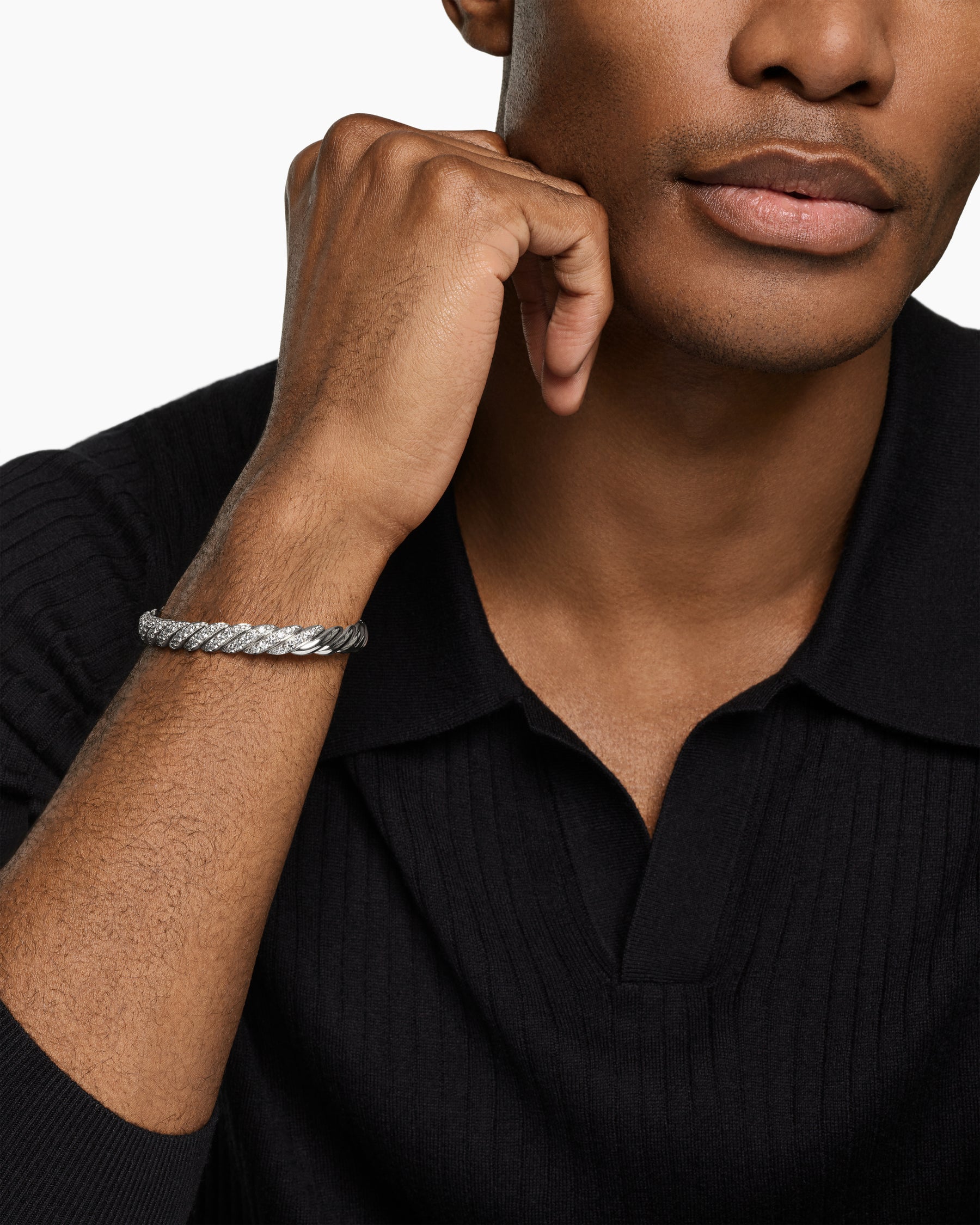 Alternative view of Sculpted Cable Pavé Flex Bracelet in 18K White Gold with Diamonds, 7.5mm
