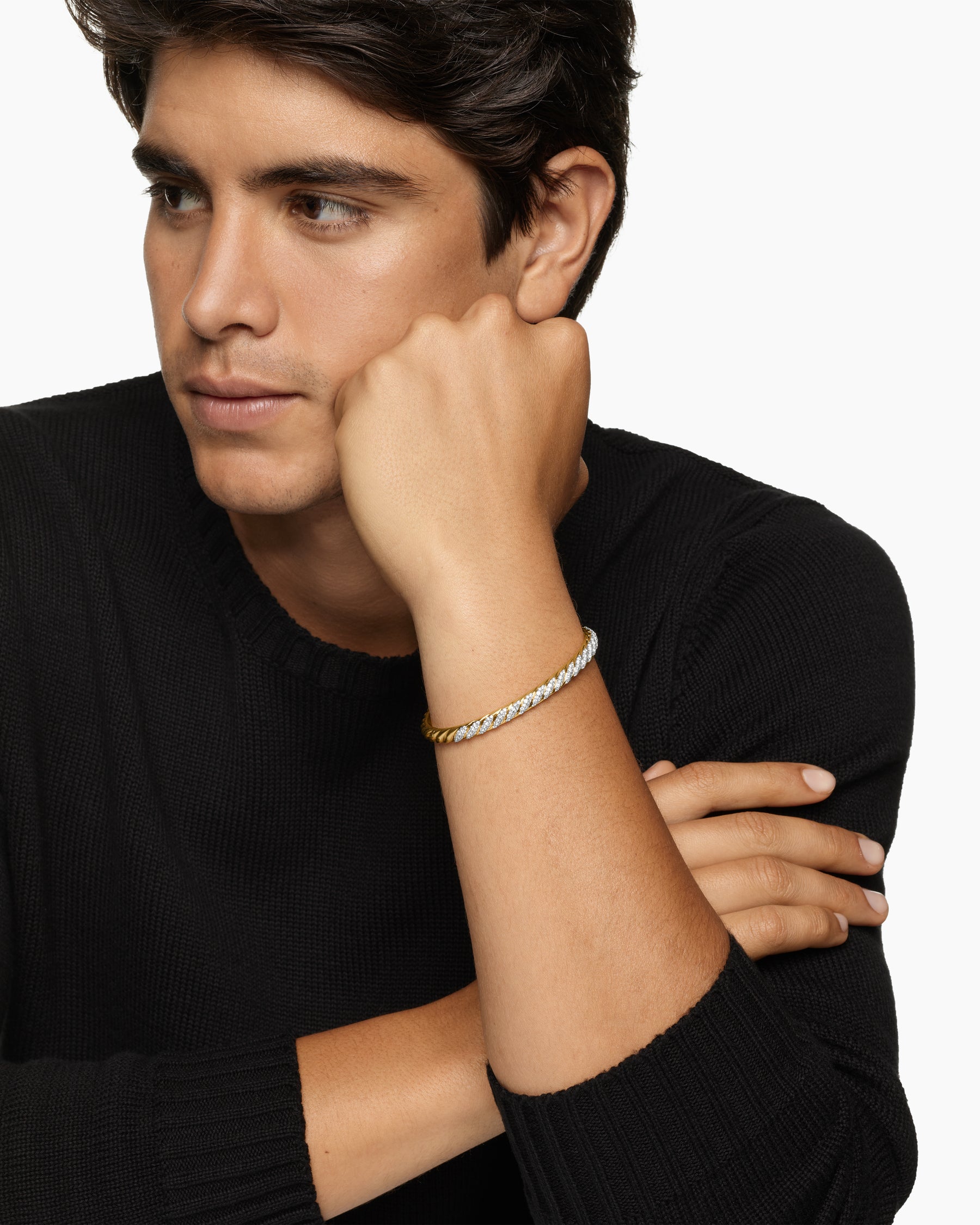 Alternative view of Sculpted Cable Cuff Bracelet in 18K Yellow Gold with Diamonds, 5.5mm