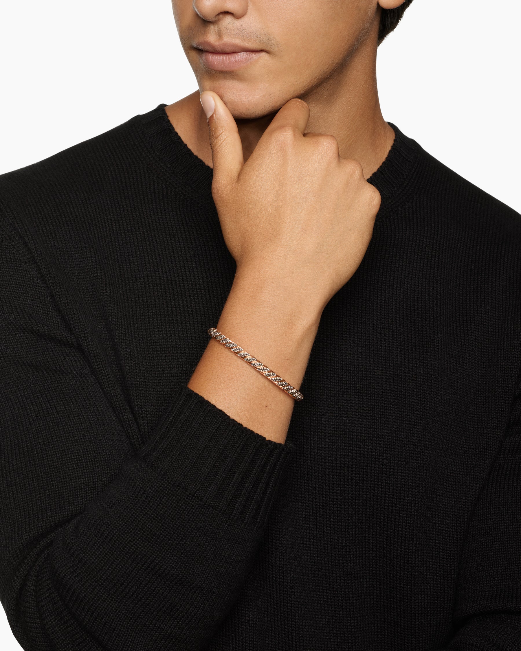 Alternative view of Sculpted Cable Cuff Bracelet in 18K Rose Gold with Cognac Diamonds, 5.5mm
