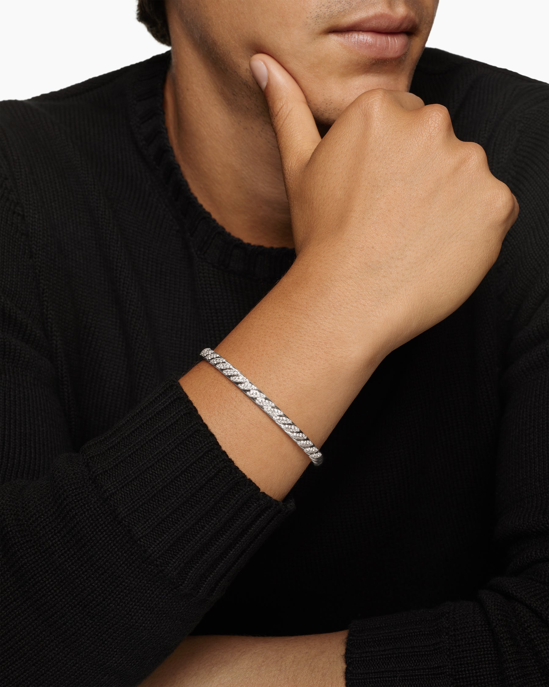 Alternative view of Sculpted Cable Cuff Bracelet in 18K White Gold with Diamonds, 5.5mm
