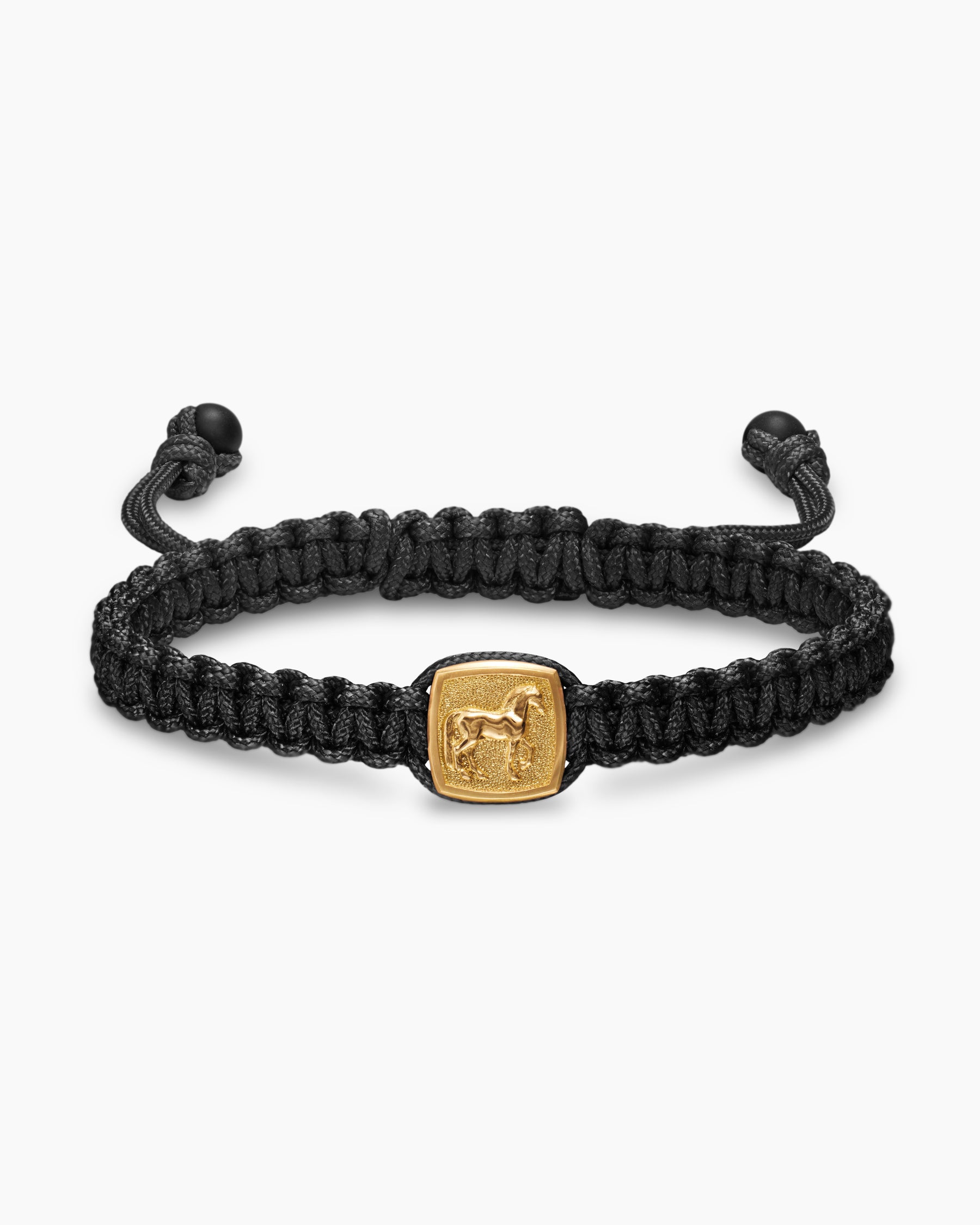 Petrvs Horse Black Nylon Woven Station Bracelet in 18K Yellow Gold with Black Onyx, 11.9mm