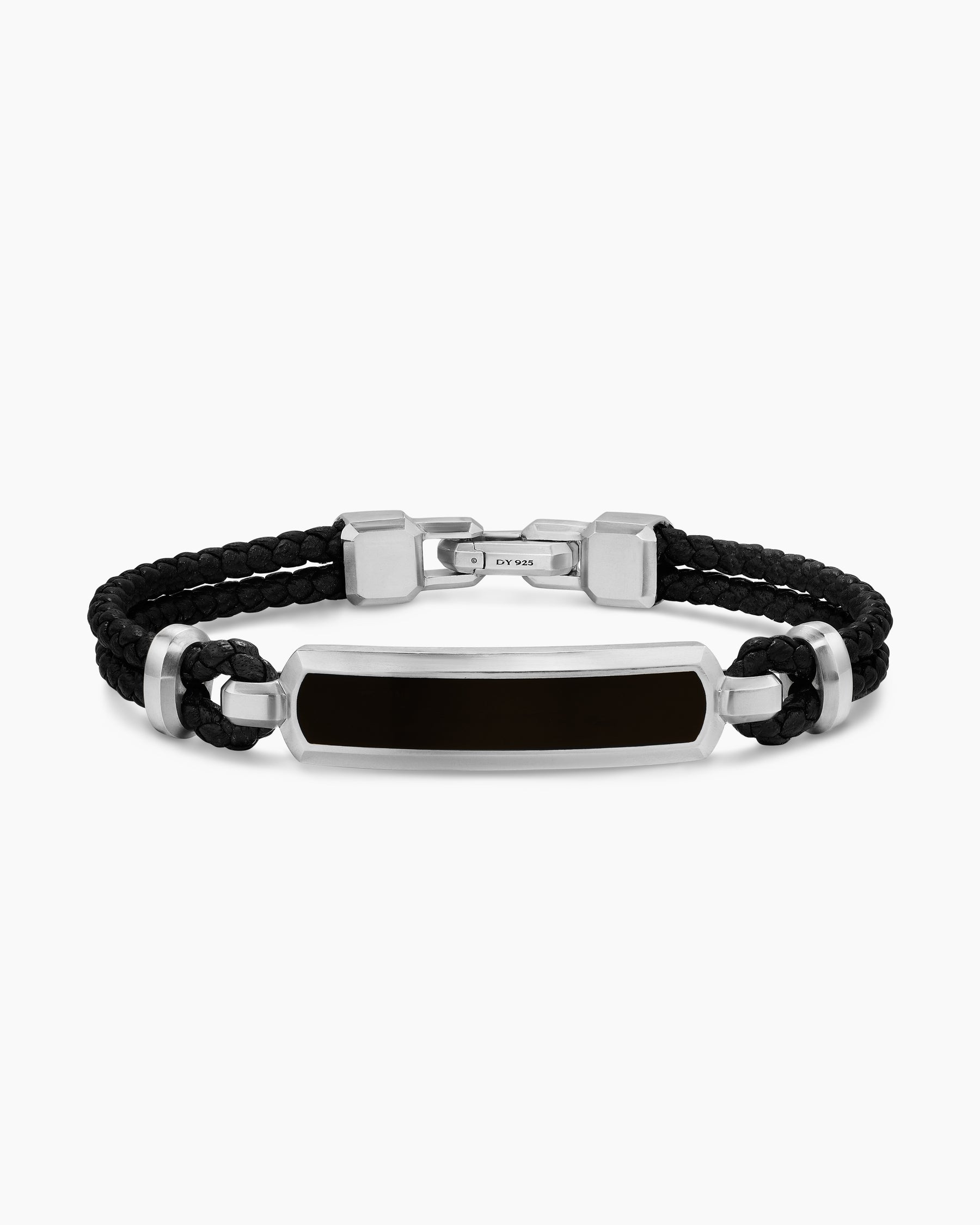 Streamline ID Bar Bracelet in Black Leather with Sterling Silver and Black Onyx, 6mm