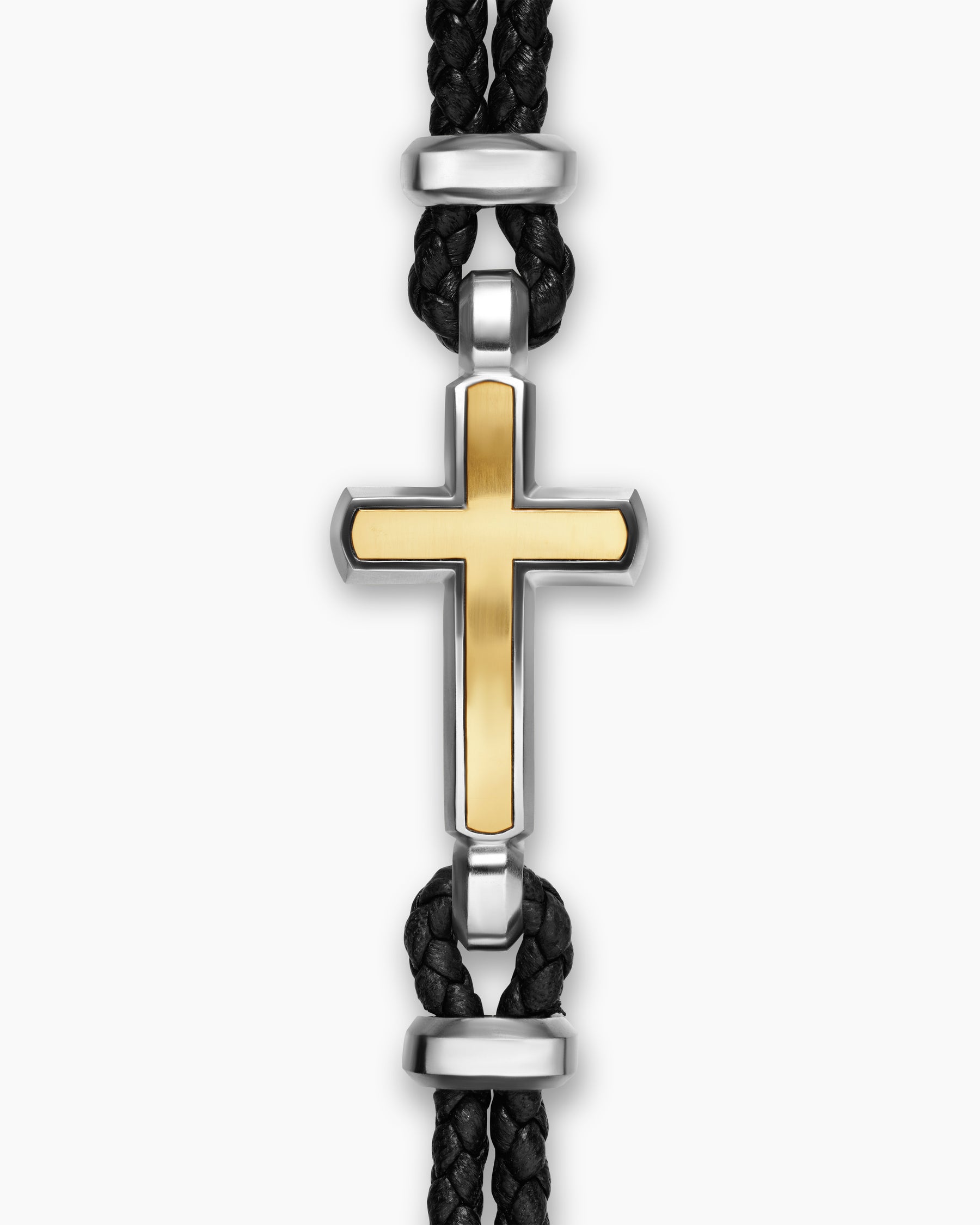 Streamline Cross Station Bracelet in Black Leather with Sterling Silver and 14K Yellow Gold, 6mm - Image 3