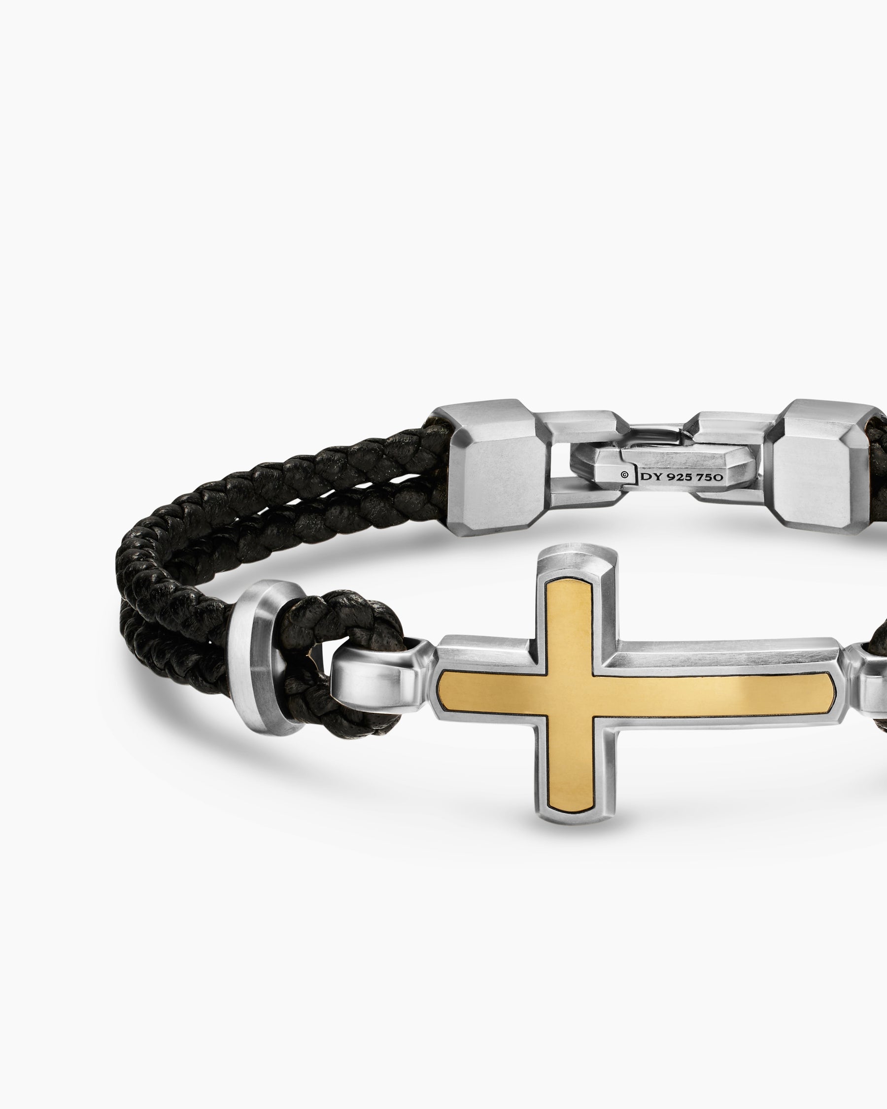 Streamline Cross Station Bracelet in Black Leather with Sterling Silver and 14K Yellow Gold, 6mm - Image 4