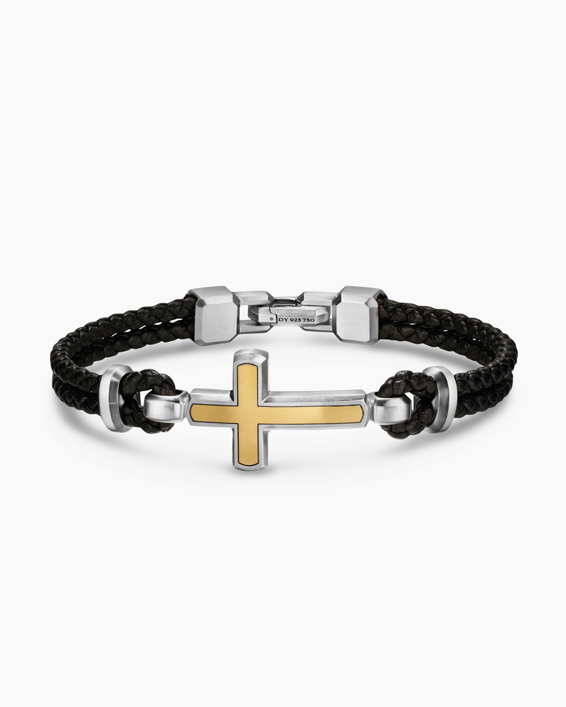Streamline Cross Station Bracelet in Black Leather with Sterling Silver and 14K Yellow Gold, 6mm