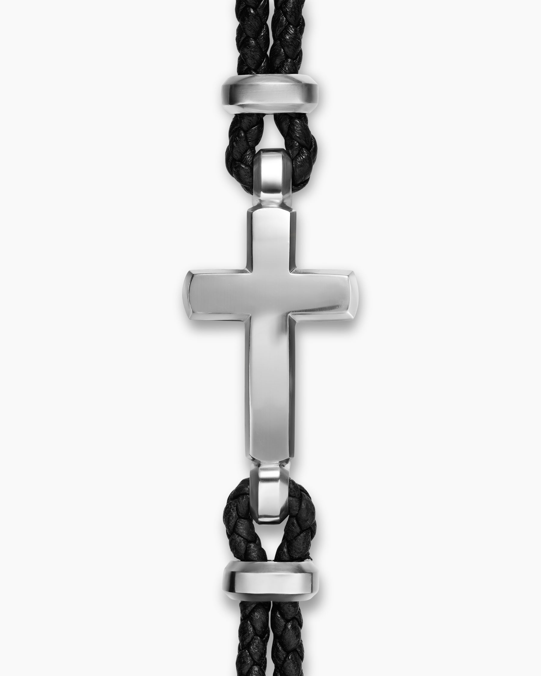 Streamline Cross Station Bracelet in Black Leather with Sterling Silver, 6mm - Image 3