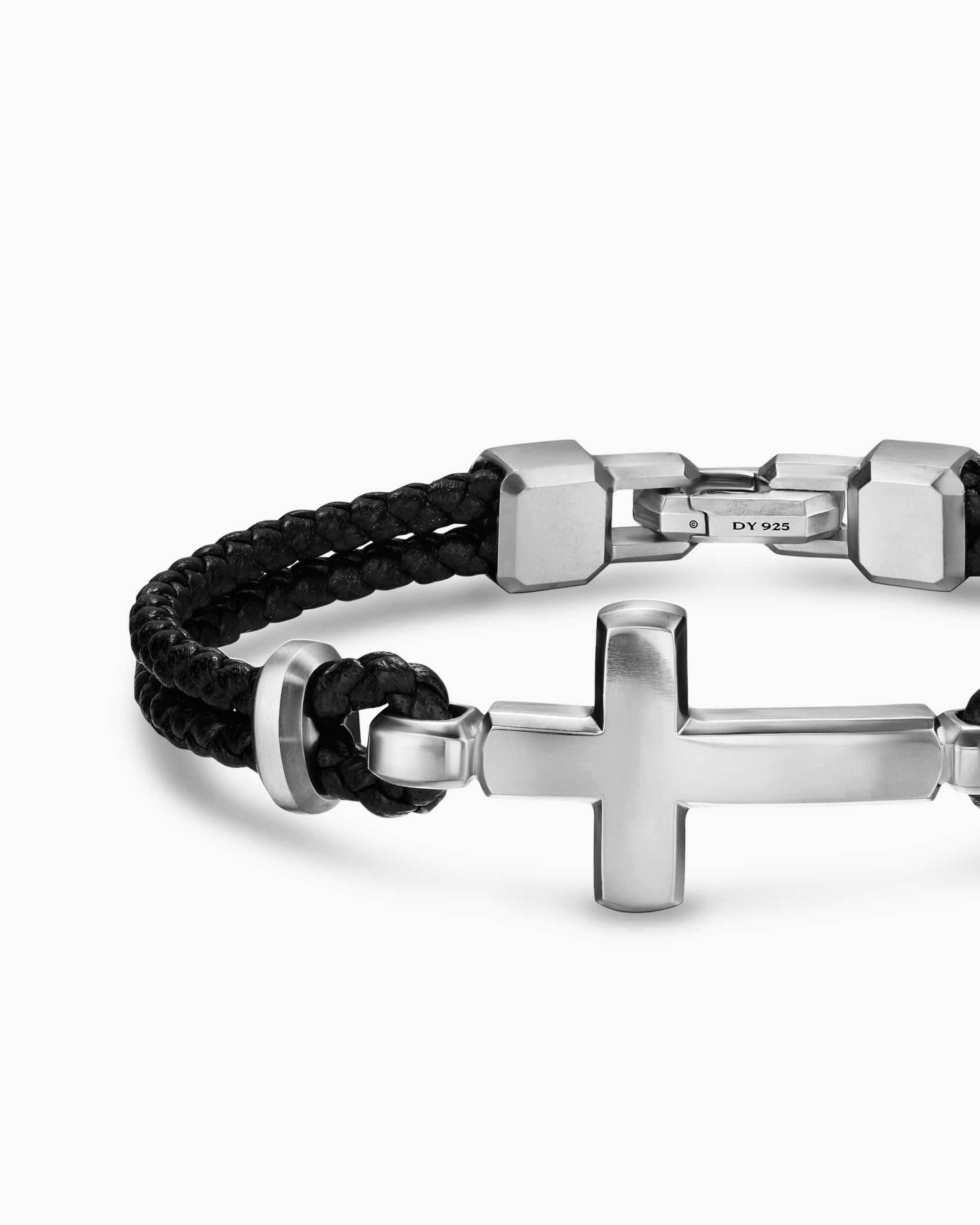 Streamline Cross Station Bracelet in Black Leather with Sterling Silver, 6mm - Image 4