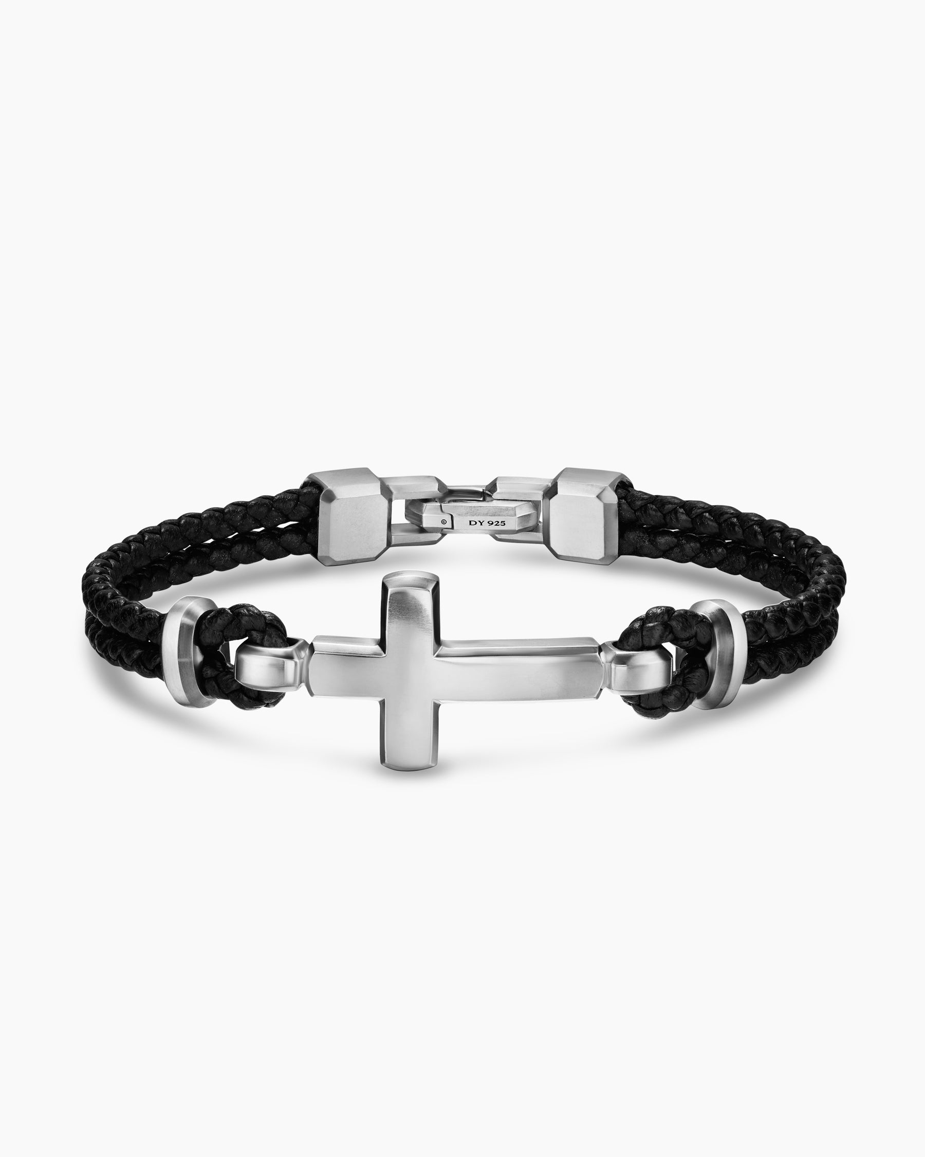 Streamline Cross Station Bracelet in Black Leather with Sterling Silver, 6mm