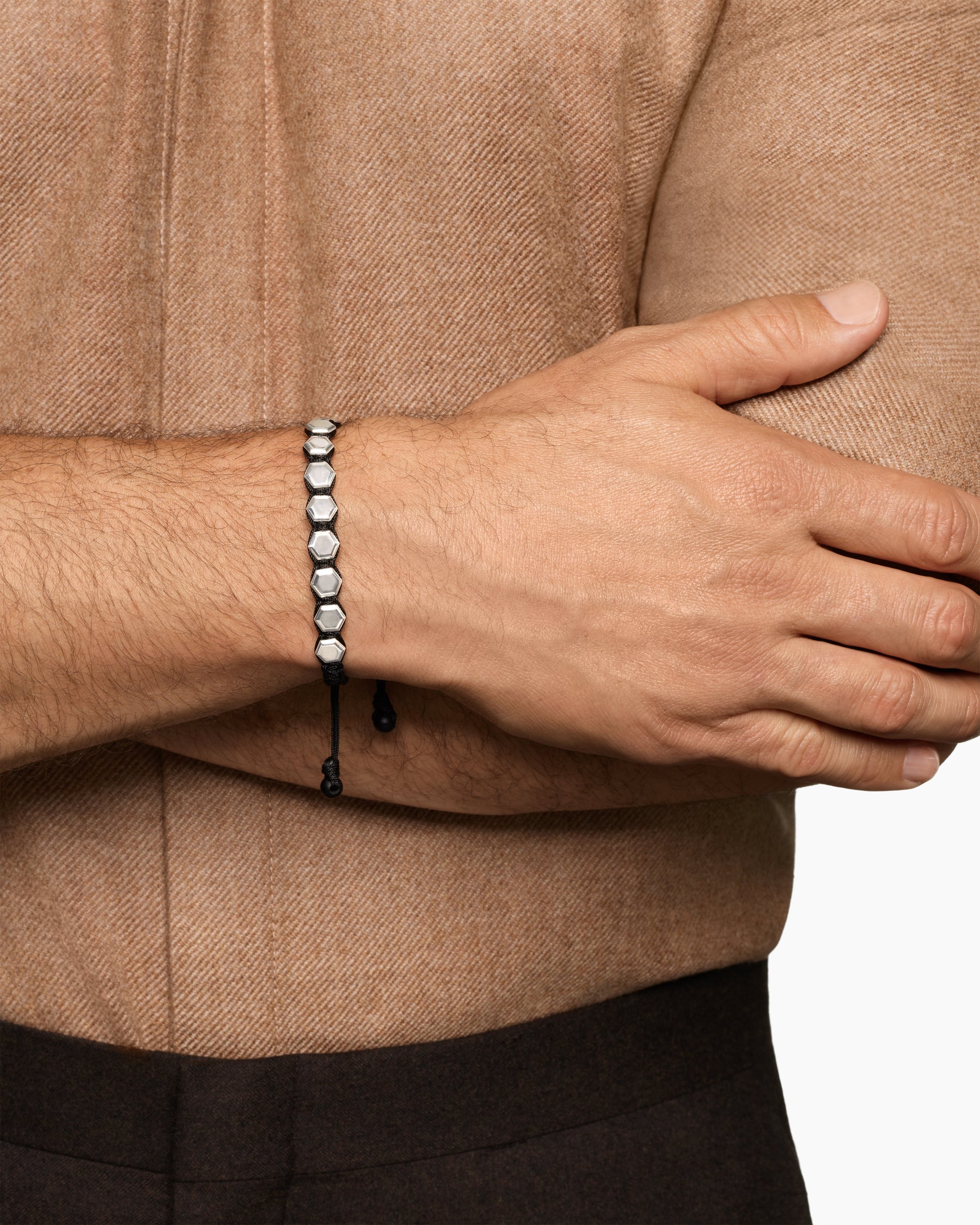 Faceted Woven Bracelet in Sterling Silver with Black Nylon and Black Onyx, 8mm - Image 2