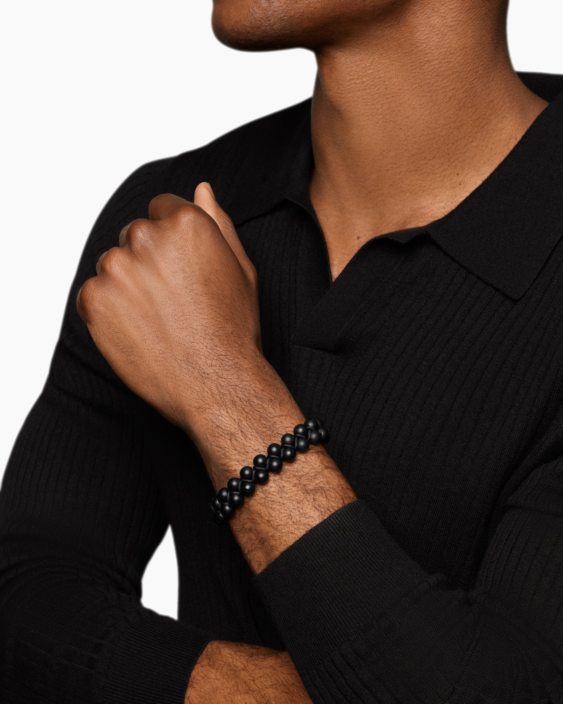 Alternative view of Spiritual Beads Two Row Woven Bracelet with Black Onyx, Black Nylon and Sterling Silver, 8mm