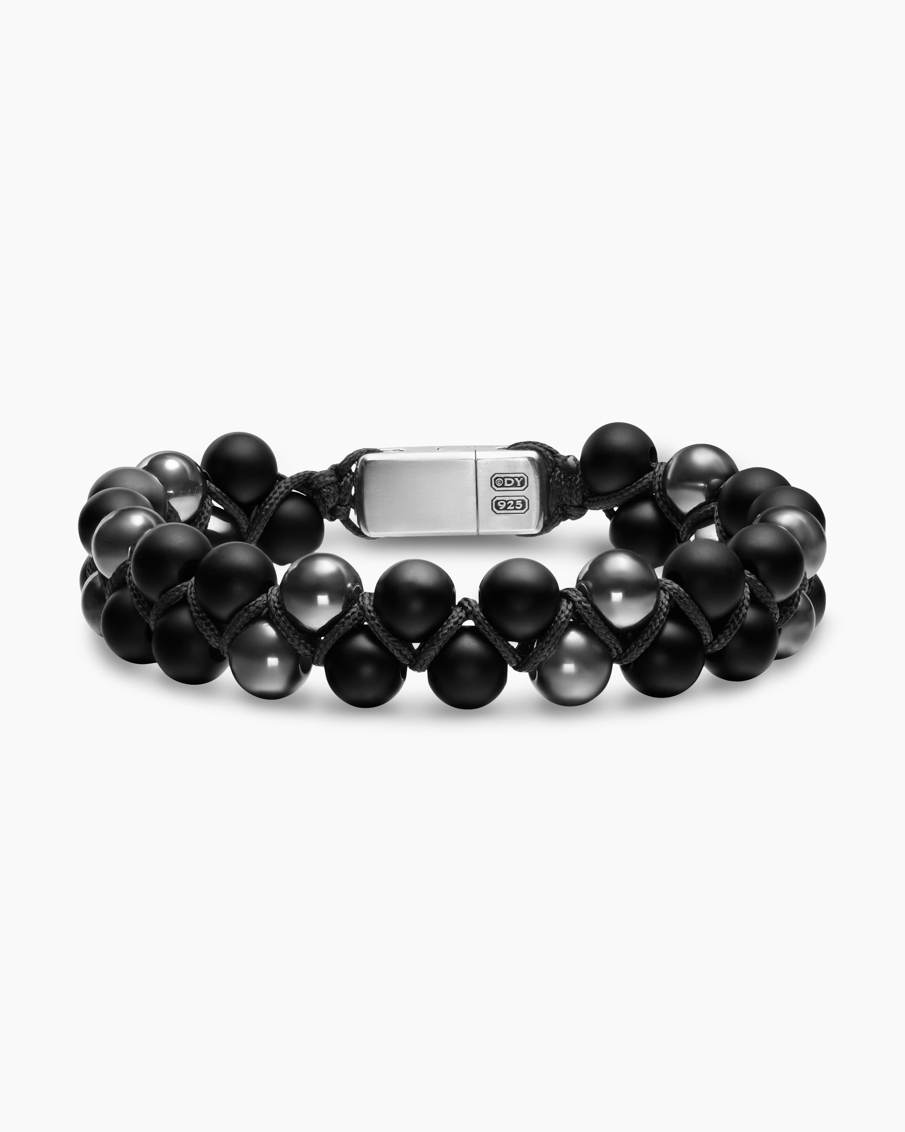 Spiritual Beads Two Row Woven Bracelet with Black Onyx, Hematine, Black Nylon and Sterling Silver, 8mm