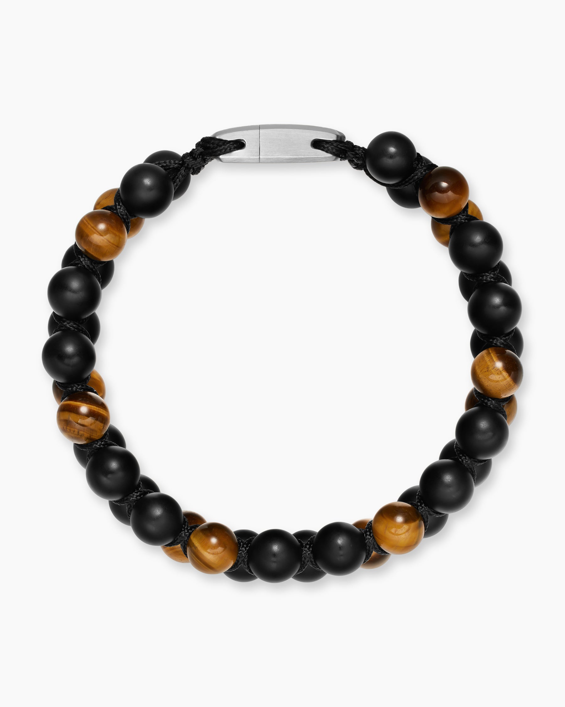 Spiritual Beads Two Row Woven Bracelet with Black Onyx, Tiger's Eye, Black Nylon and Sterling Silver, 8mm - Image 3
