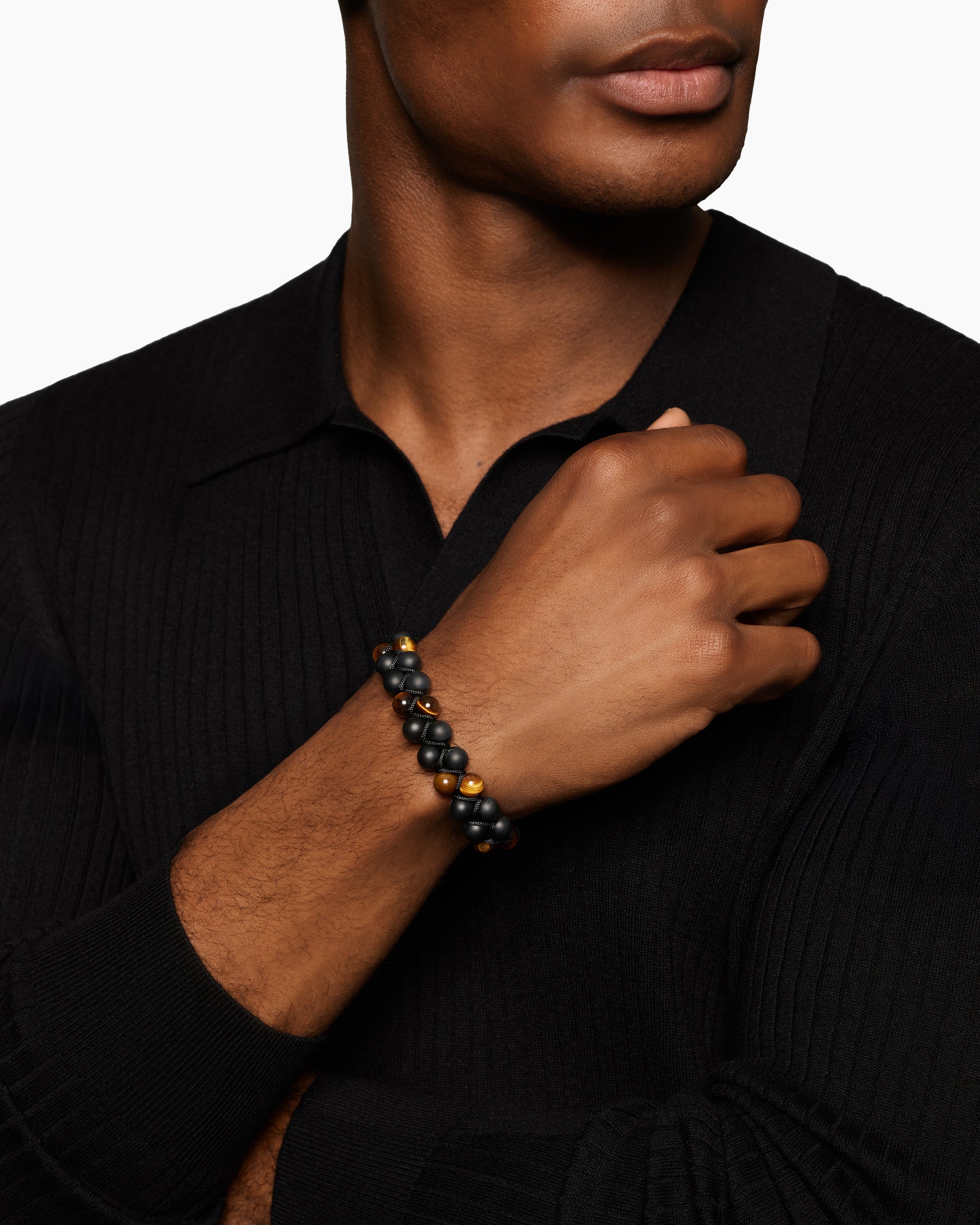 Alternative view of Spiritual Beads Two Row Woven Bracelet with Black Onyx, Tiger's Eye, Black Nylon and Sterling Silver, 8mm