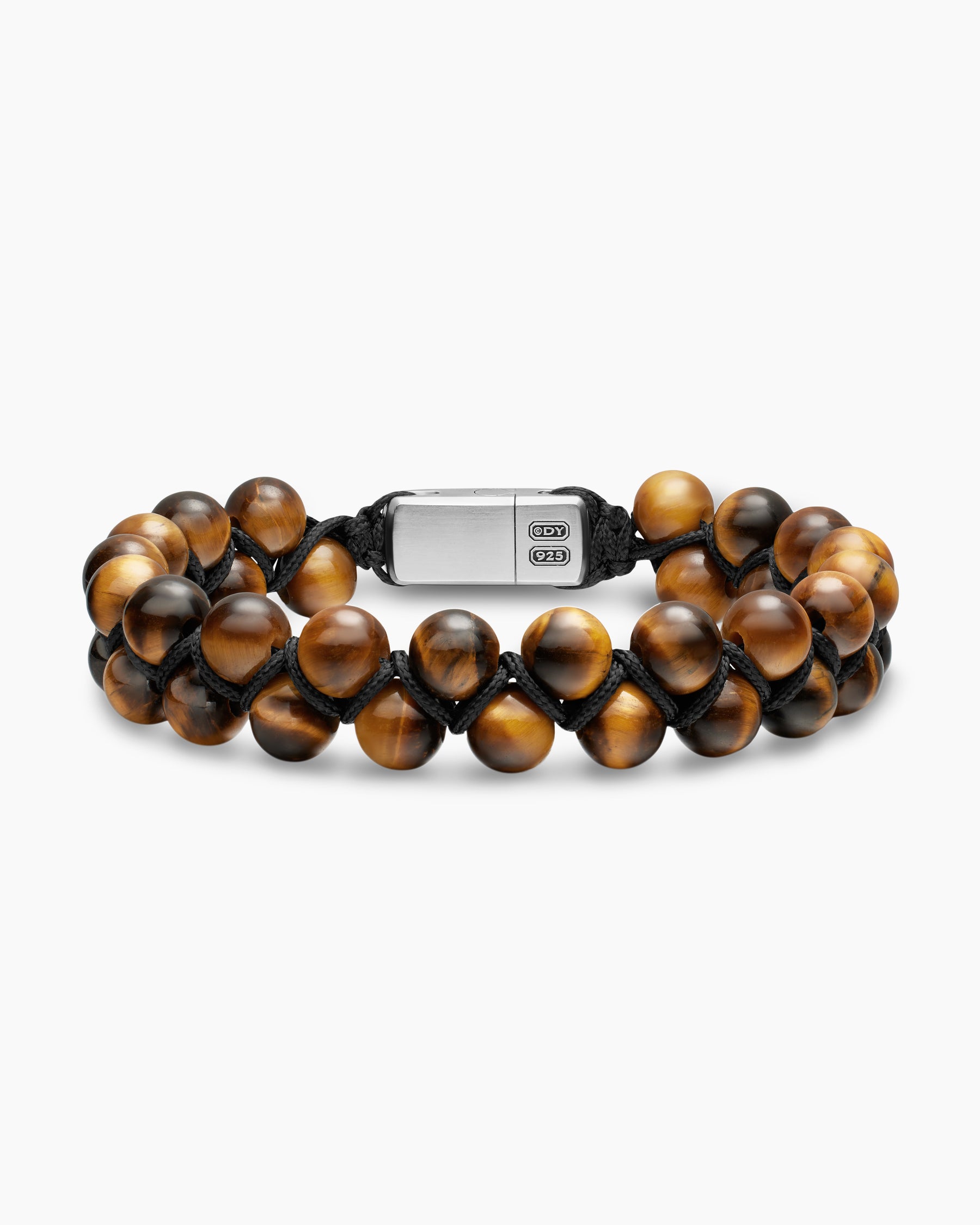 Spiritual Beads Two Row Woven Bracelet with Tiger's Eye, Black Nylon and Sterling Silver, 8mm
