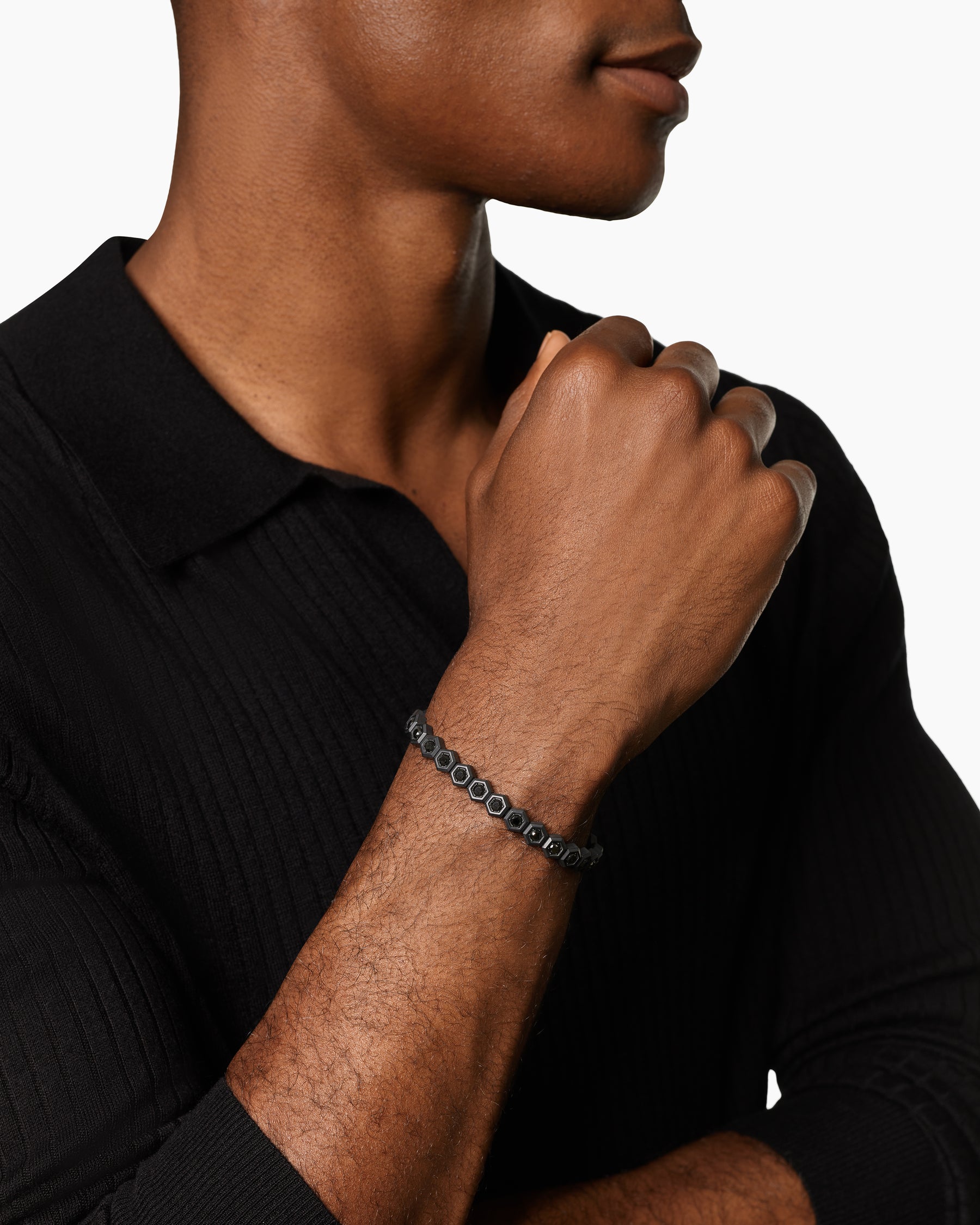 Alternative view of Hex Pavé Tennis Bracelet in Black Titanium with Black Diamonds, 8mm