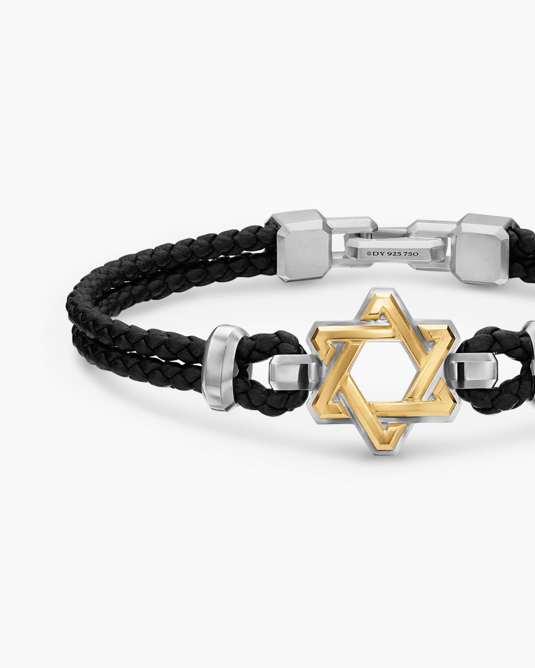 Streamline Star of David Bracelet in Black Leather with Sterling Silver and 14K Yellow Gold, 6mm - Image 4