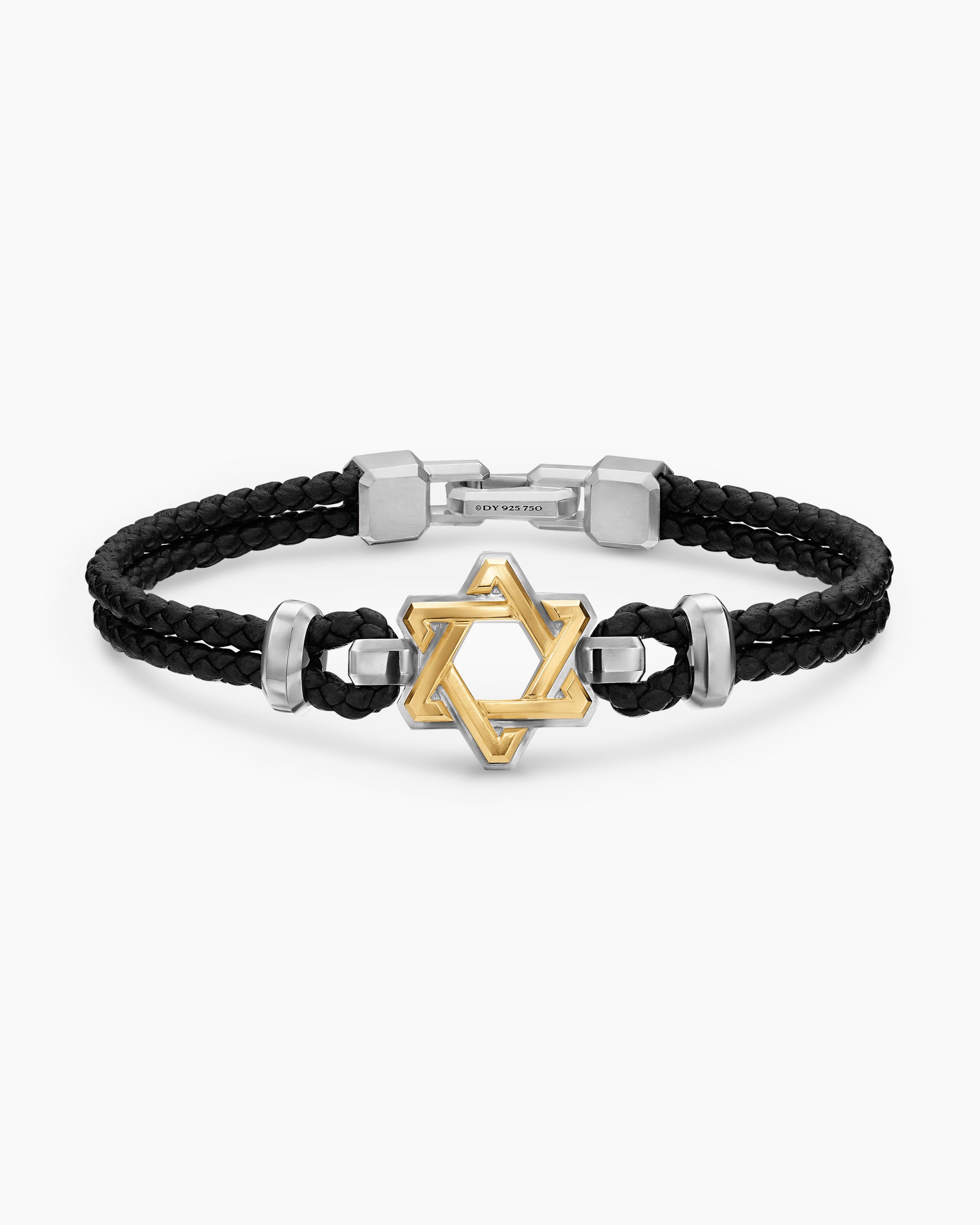 Streamline Star of David Bracelet in Black Leather with Sterling Silver and 14K Yellow Gold, 6mm