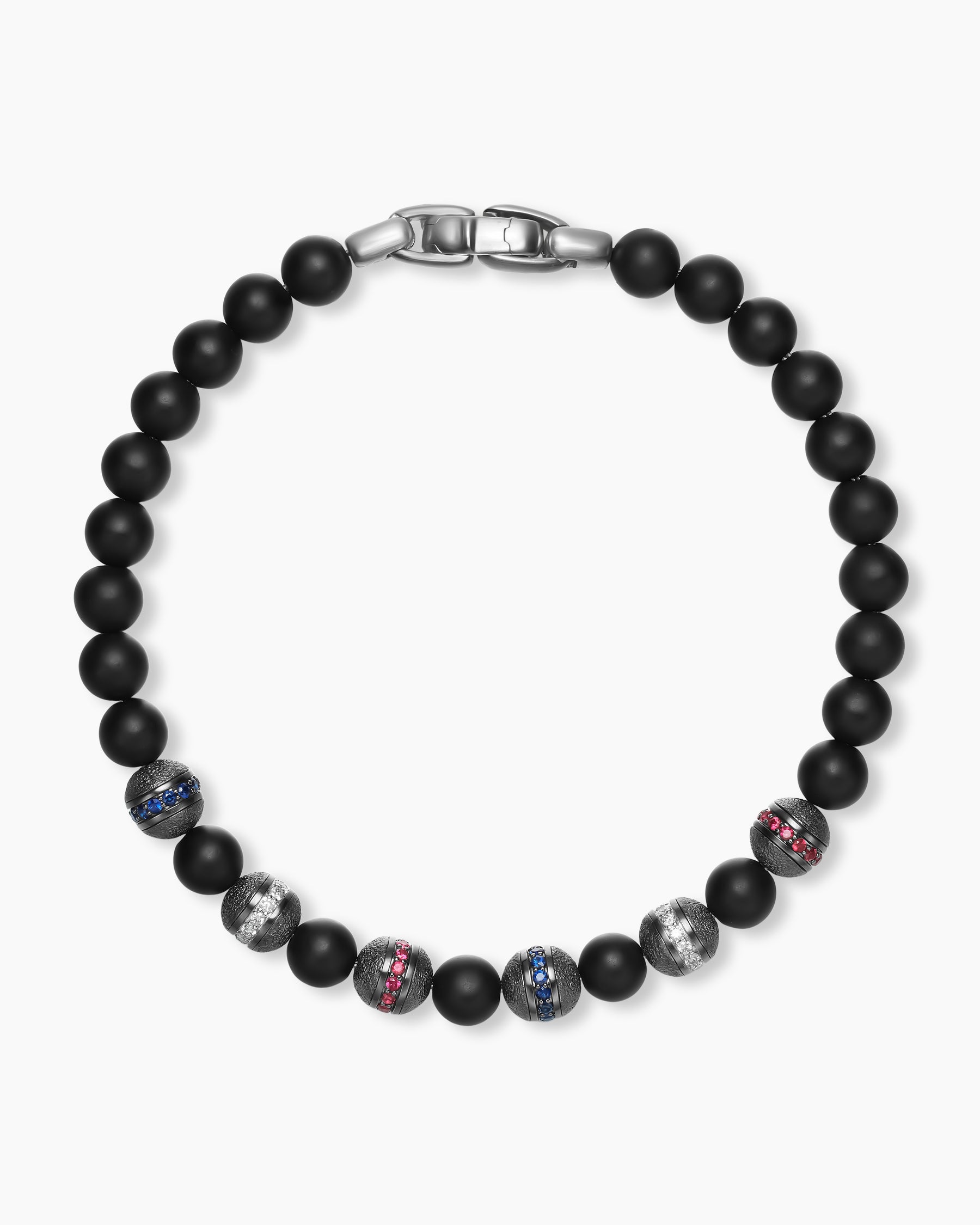 Spiritual Beads Flag Bracelet in Sterling Silver with Black Onyx, Sapphires, Diamonds and Rubies, 6mm - Image 2