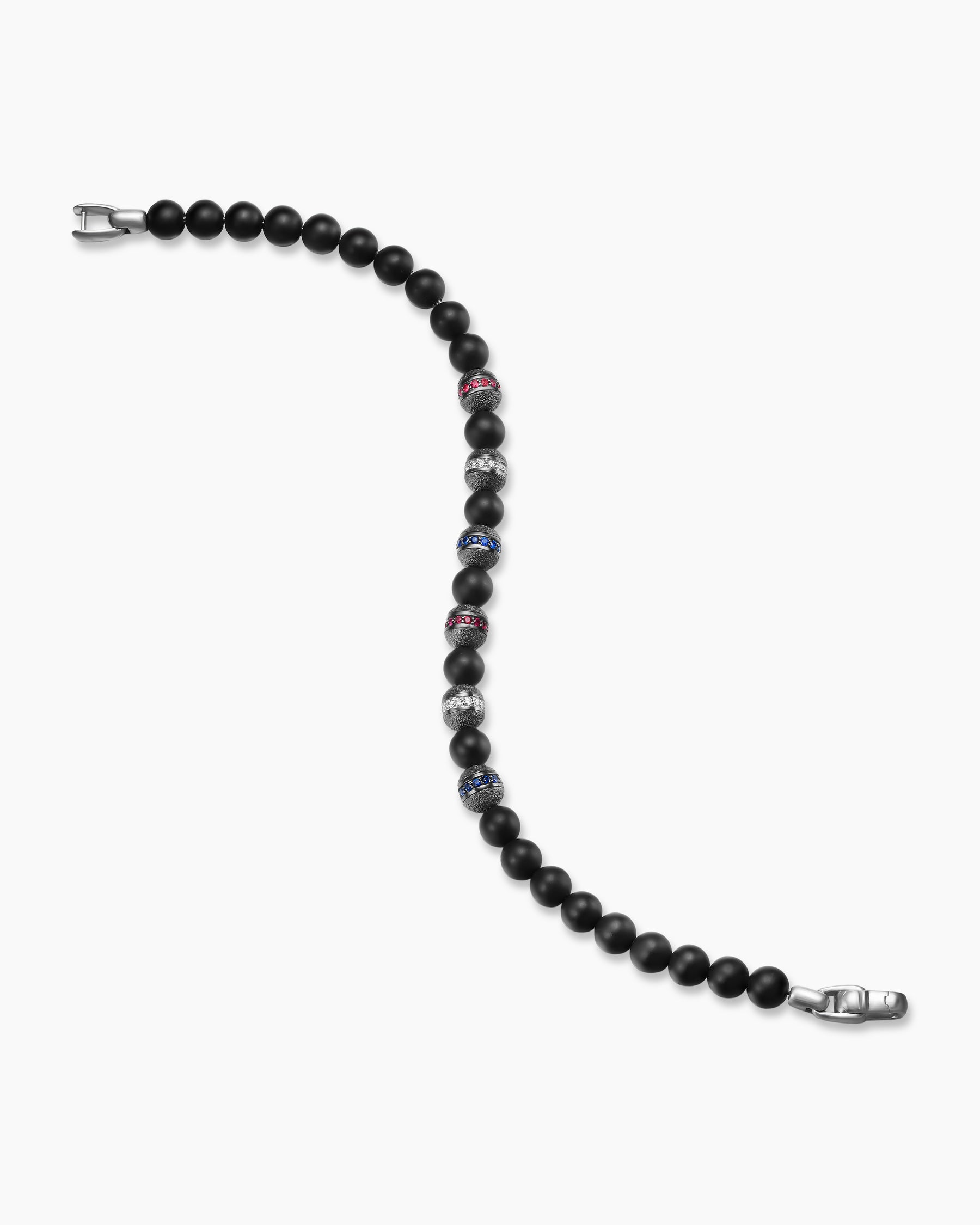 Spiritual Beads Flag Bracelet in Sterling Silver with Black Onyx, Sapphires, Diamonds and Rubies, 6mm - Image 3