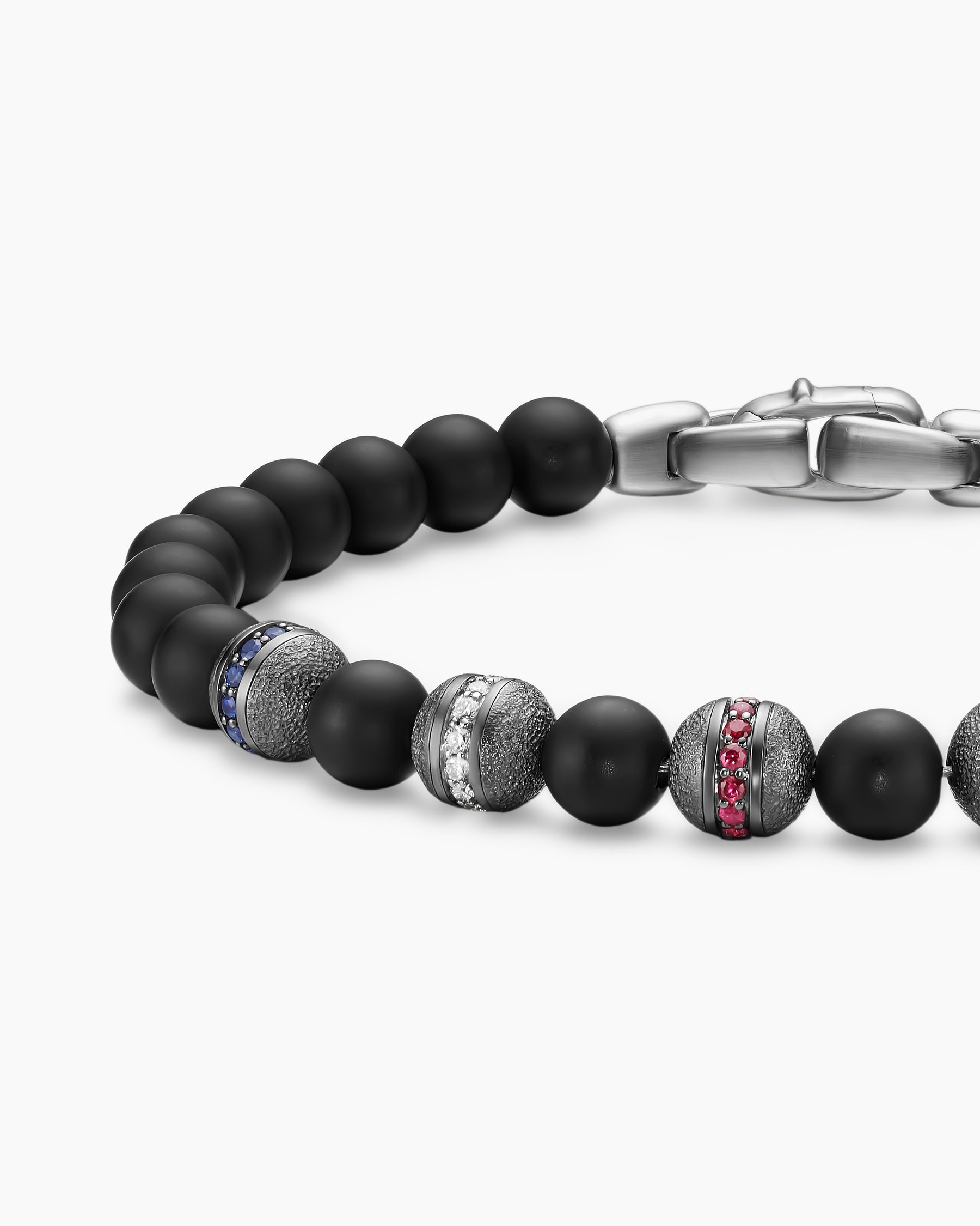 Spiritual Beads Flag Bracelet in Sterling Silver with Black Onyx, Sapphires, Diamonds and Rubies, 6mm - Image 4