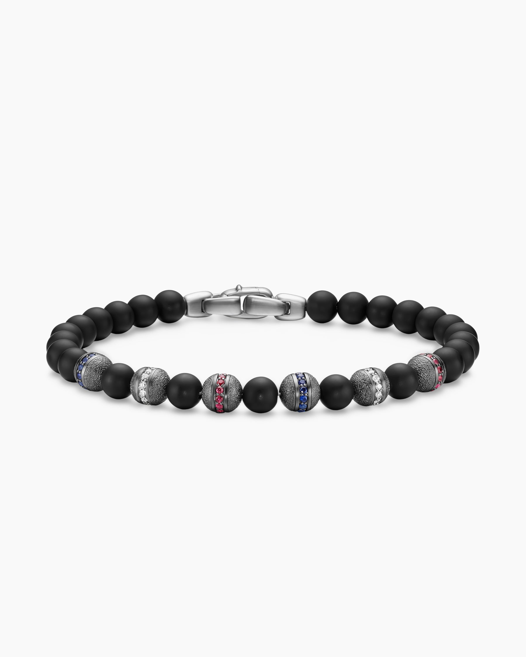 Spiritual Beads Flag Bracelet in Sterling Silver with Black Onyx, Sapphires, Diamonds and Rubies, 6mm