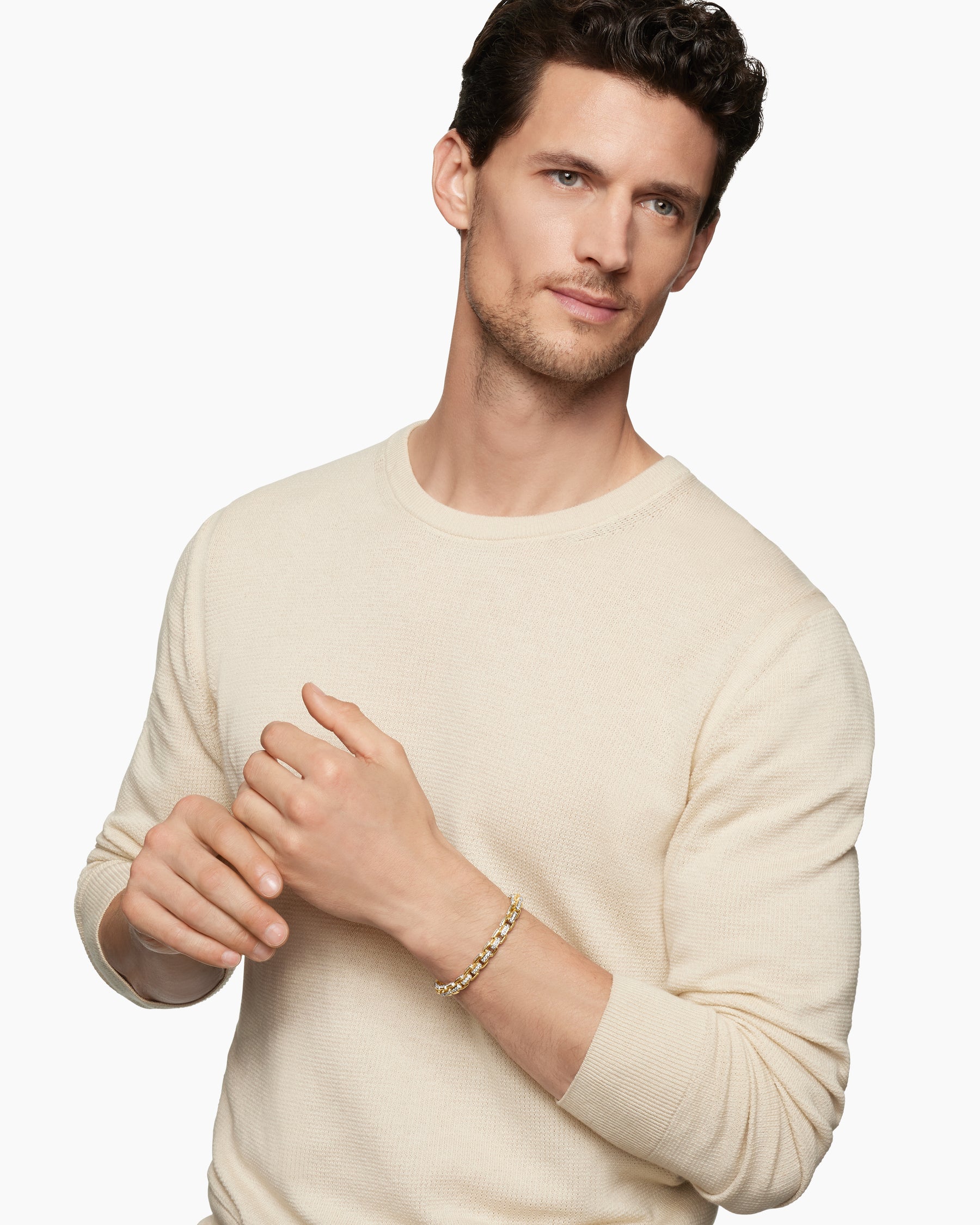 Alternative view of Box Chain Bracelet in 18K Yellow Gold with Pavé Diamonds, 7.3mm