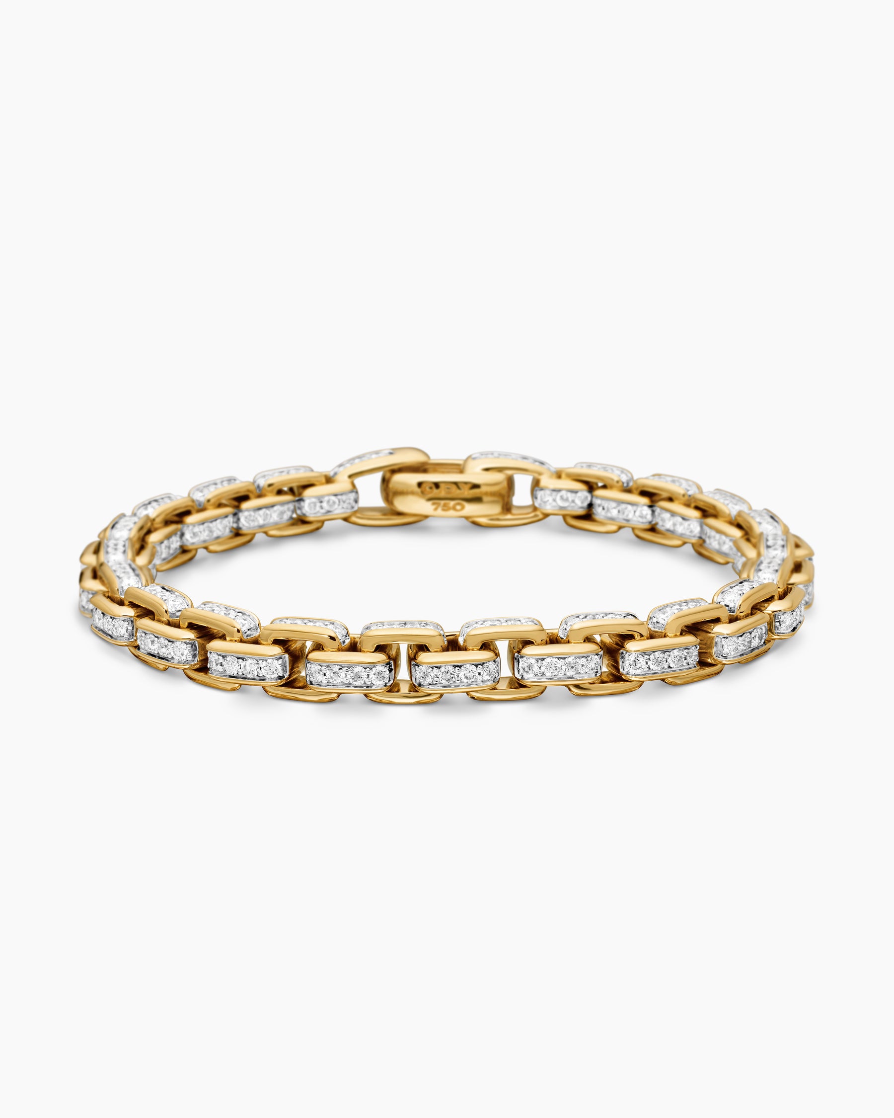 Box Chain Bracelet in 18K Yellow Gold with Pavé Diamonds, 7.3mm
