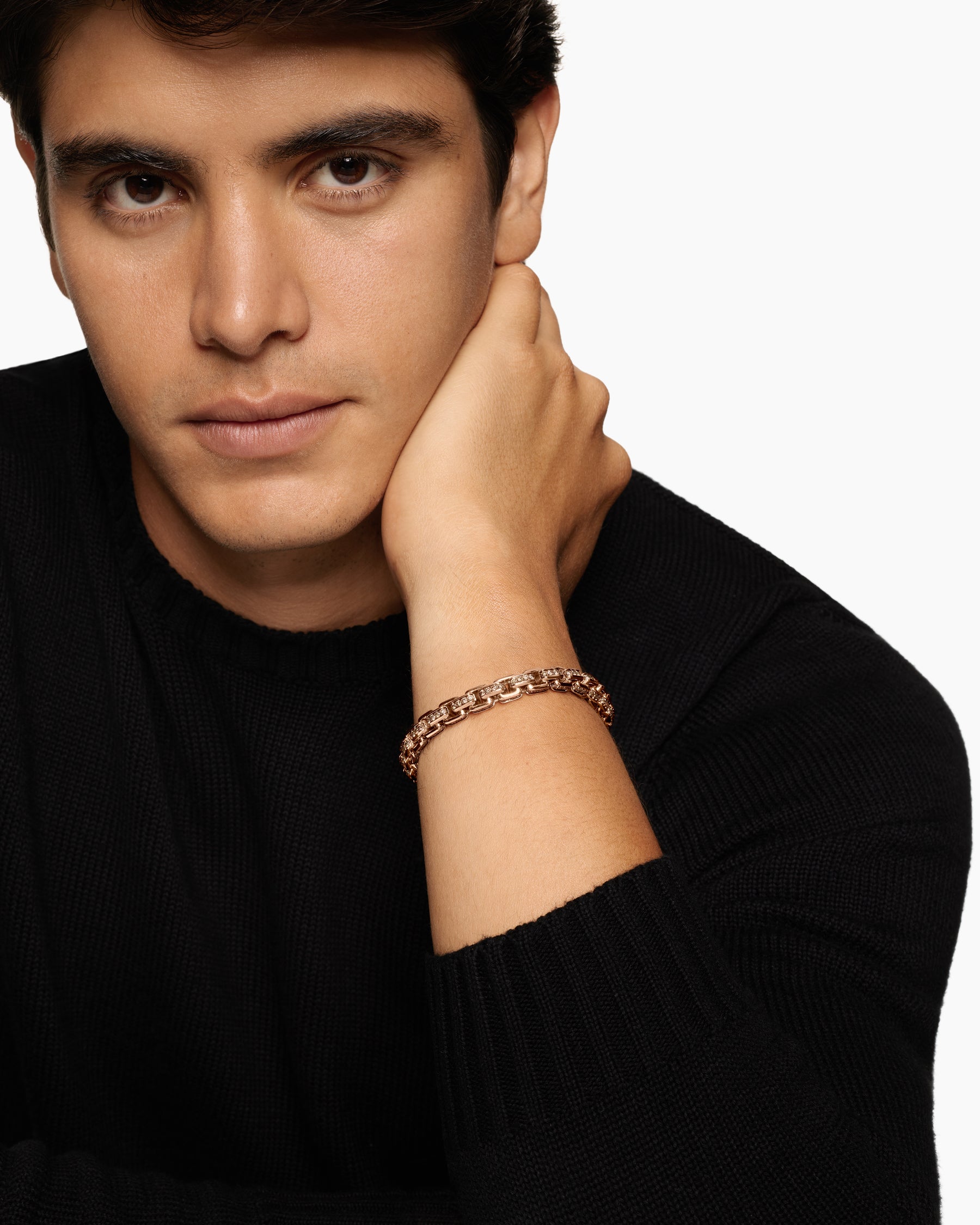 Alternative view of Box Chain Bracelet in 18K Rose Gold with Pavé Cognac Diamonds, 7.3mm