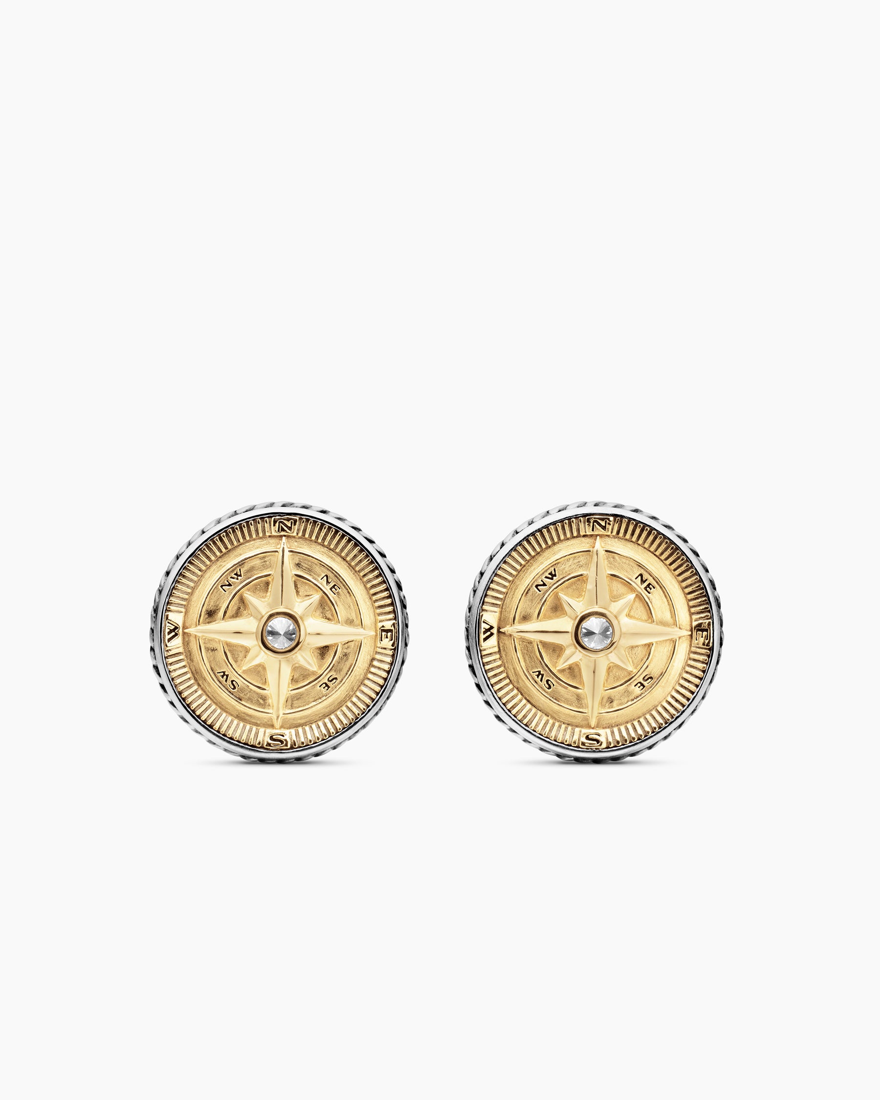 Maritime Compass Cufflinks in Sterling Silver with 18K Yellow Gold and Center Diamond, 16mm
