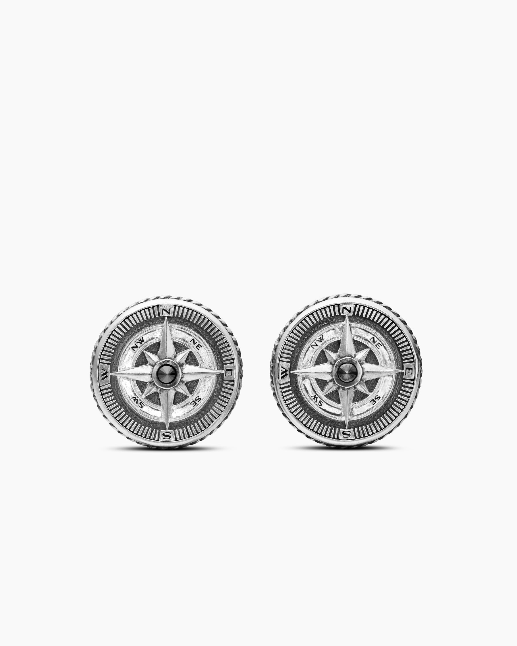 Maritime Compass Cufflinks in Sterling Silver with Center Black Diamond, 16mm