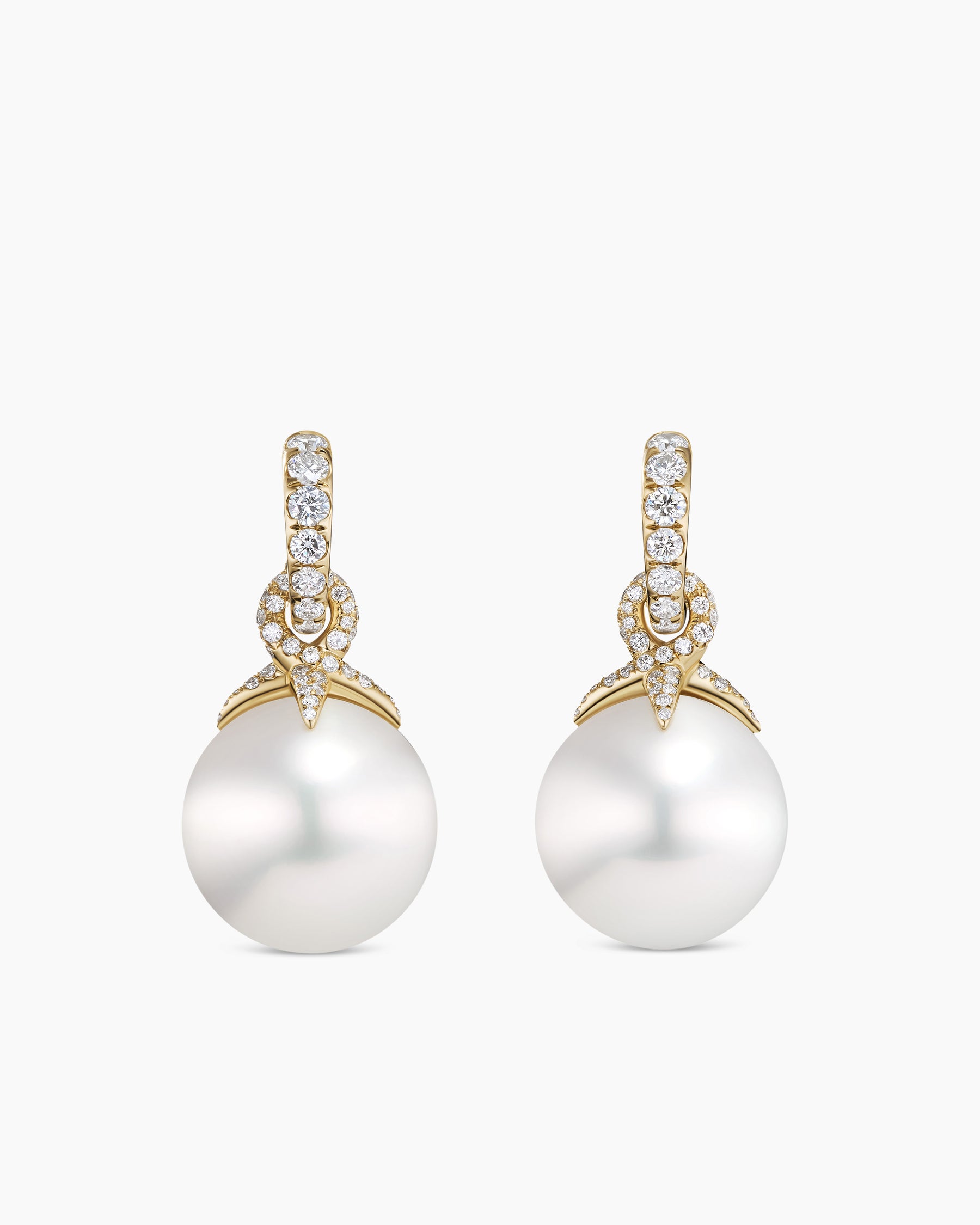 DY Lumina South Sea White Pearl Classic Drop Earrings in Yellow Gold with Diamonds