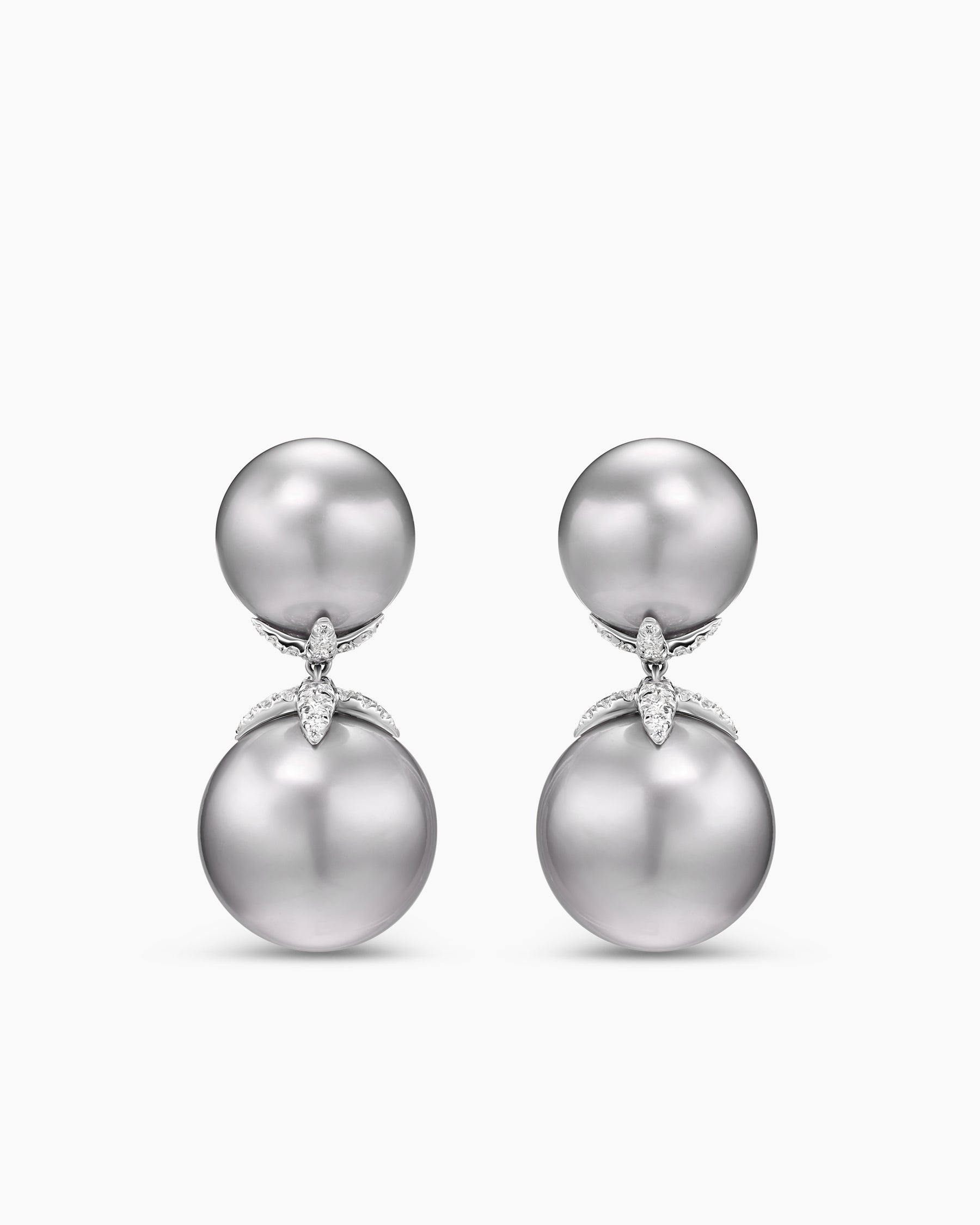 DY Lumina Tahitian Grey Pearl Drop Earrings in White Gold with Diamonds