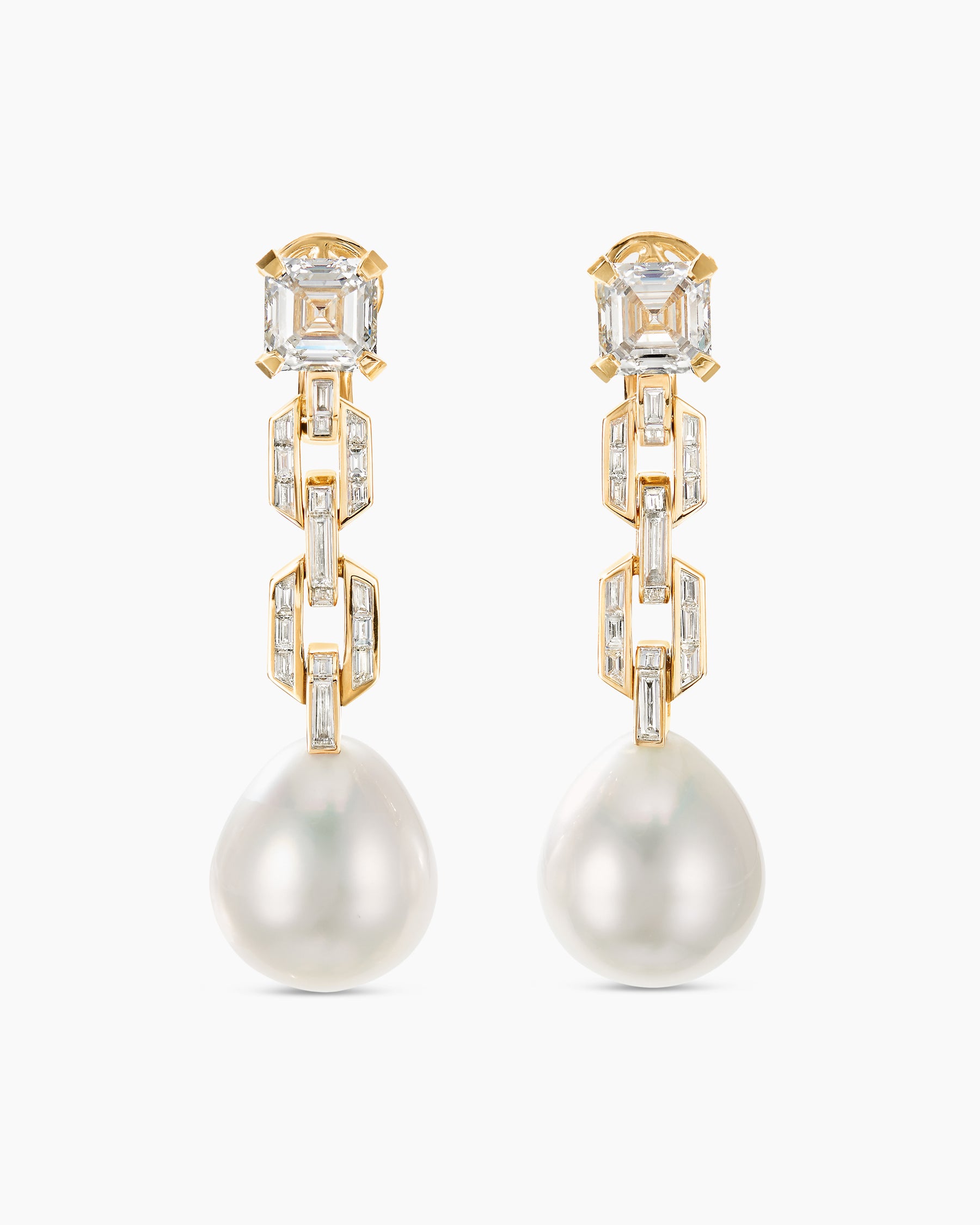 Deco Pearl Link Drop Earrings in Yellow Gold with Diamonds