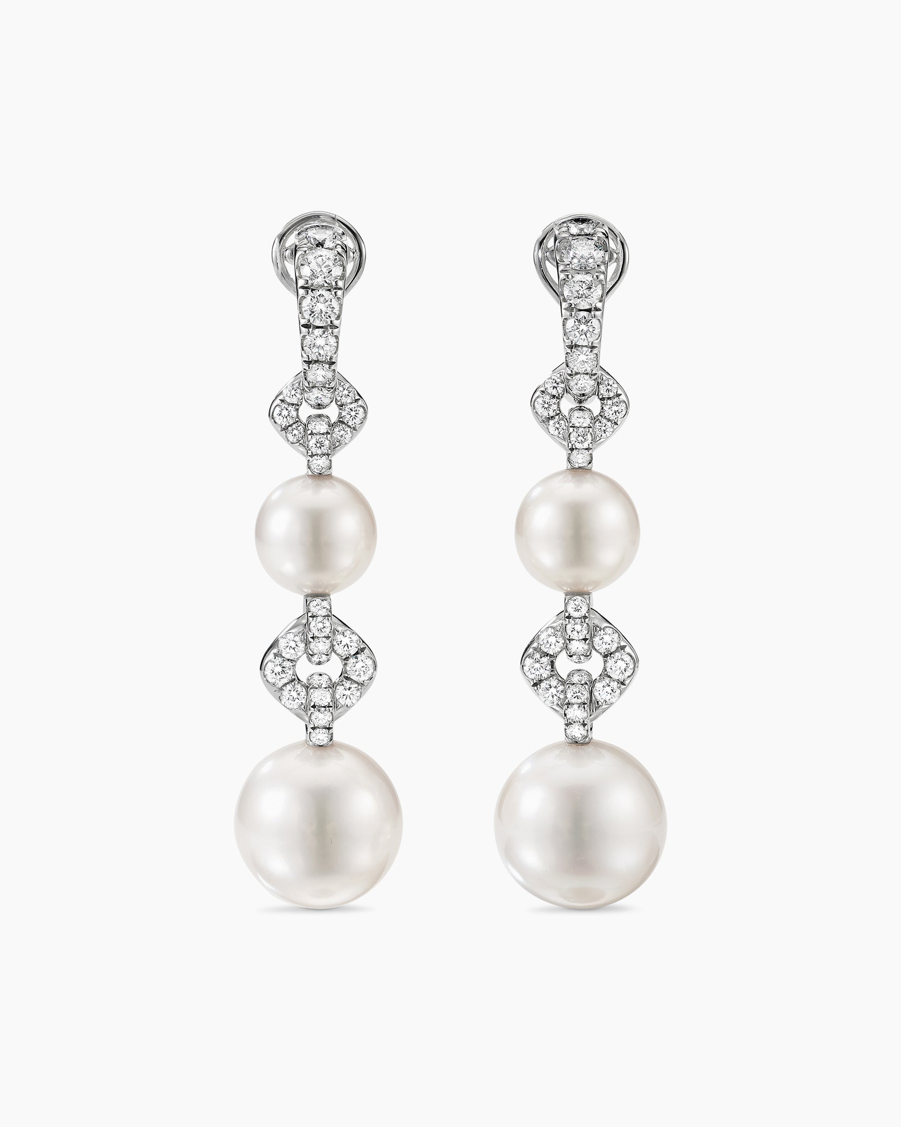 DY Lumina South Sea White Pearl Pavé Link Earrings in White Gold with Diamonds