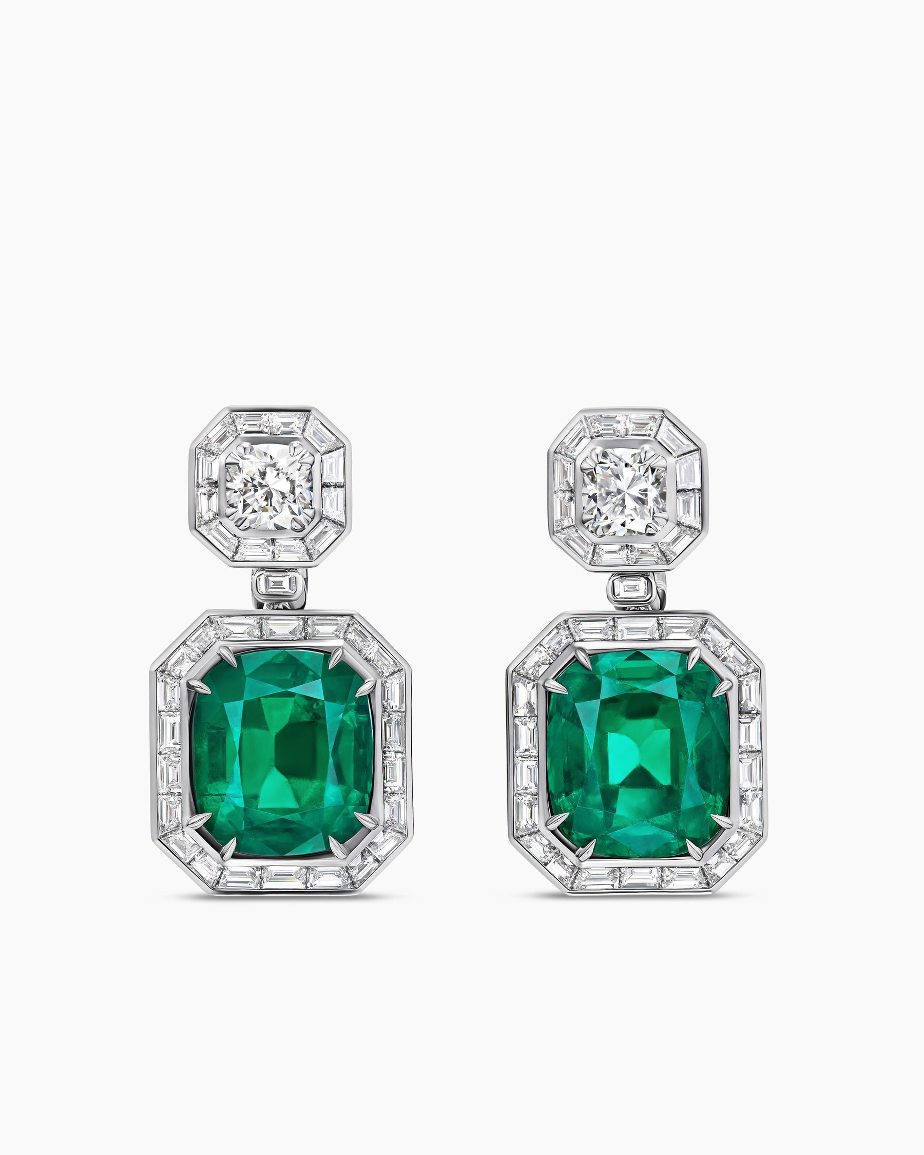 Deco Emerald Drop Earrings in White Gold with Emeralds and Diamonds
