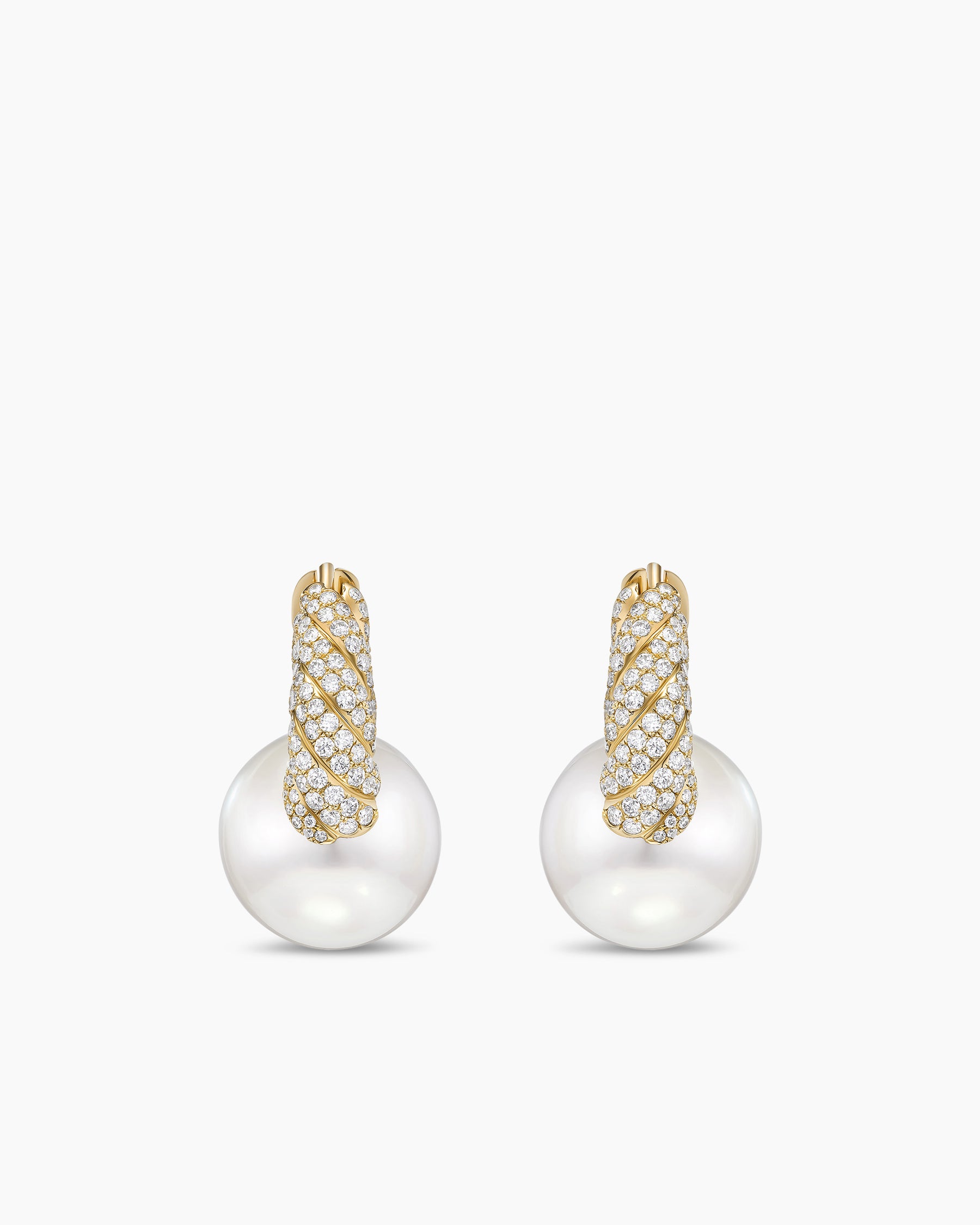 DY Lumina South Sea White Pearl Sculpted Cable Drop Earrings in Yellow Gold with Diamonds