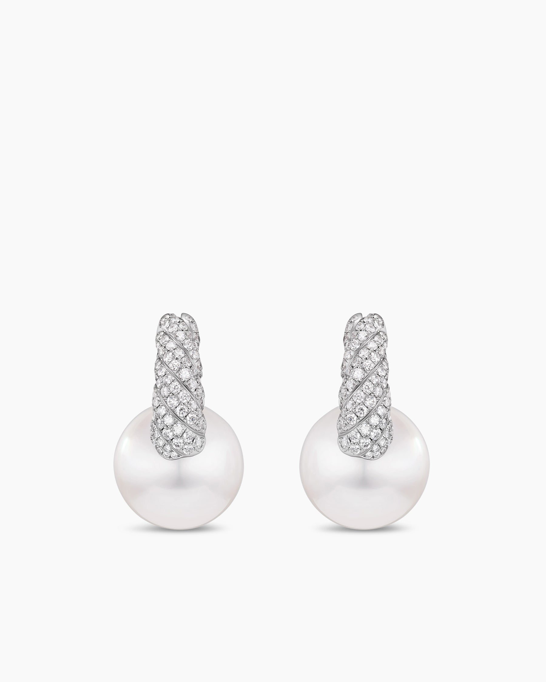 DY Lumina South Sea White Pearl Sculpted Cable Drop Earrings in White Gold with Diamonds