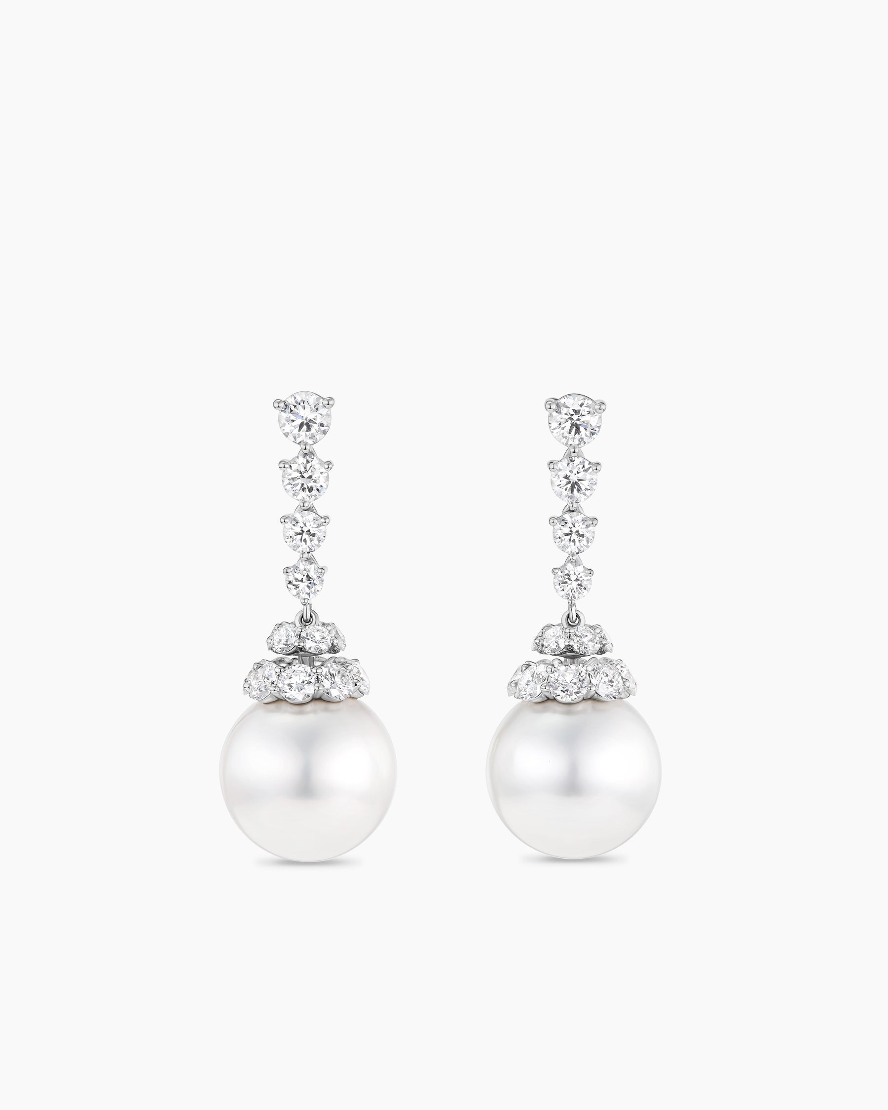 Floating Diamonds and South Sea White Pearl Drop Earrings in White Gold