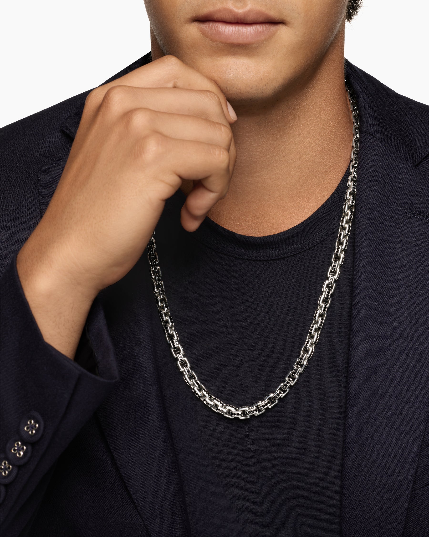 Alternative view of Box Chain Necklace in Sterling Silver with Pavé Black Diamonds, 7.3mm