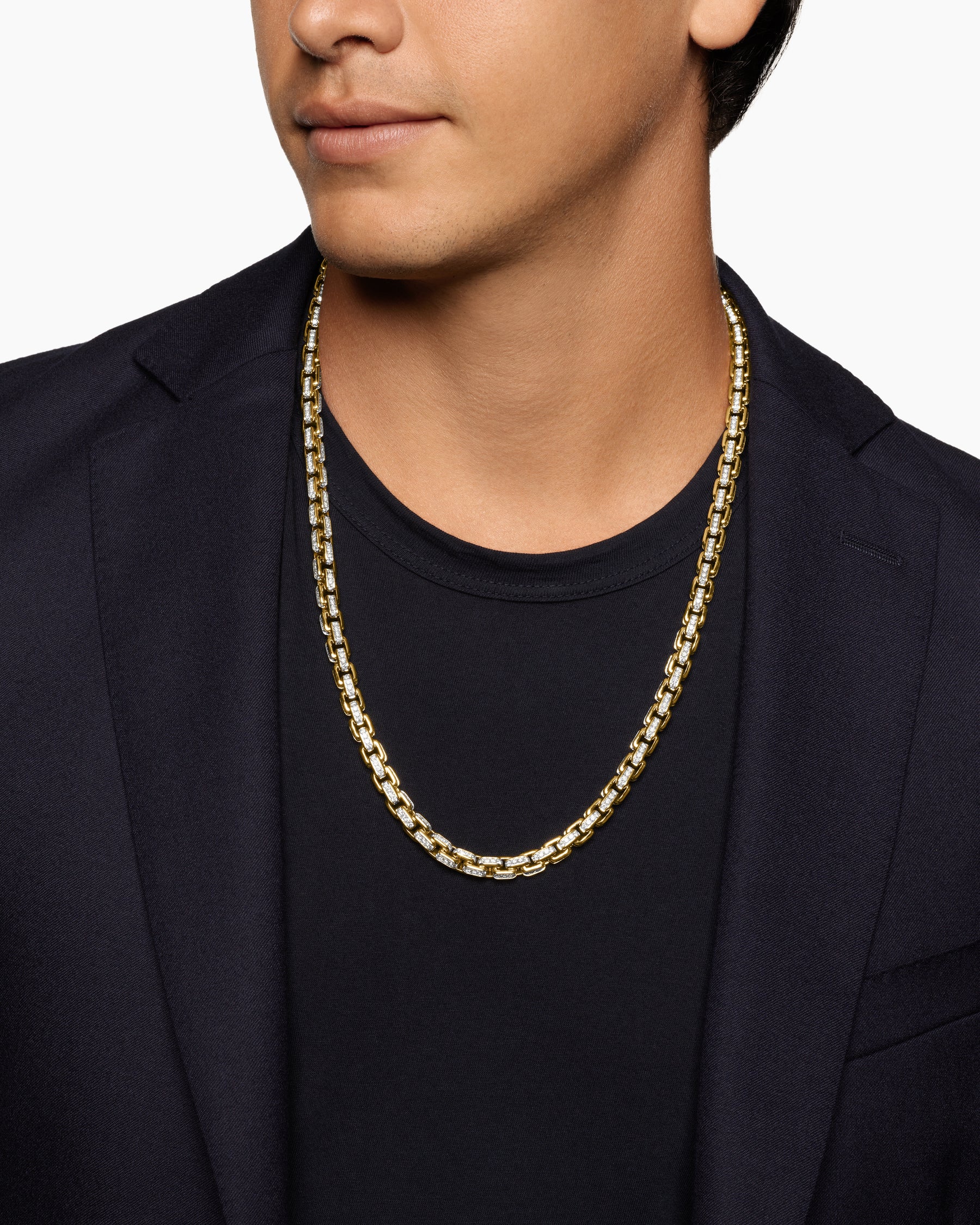 Alternative view of Box Chain Necklace in 18K Yellow Gold with Pavé Diamonds, 7.5mm