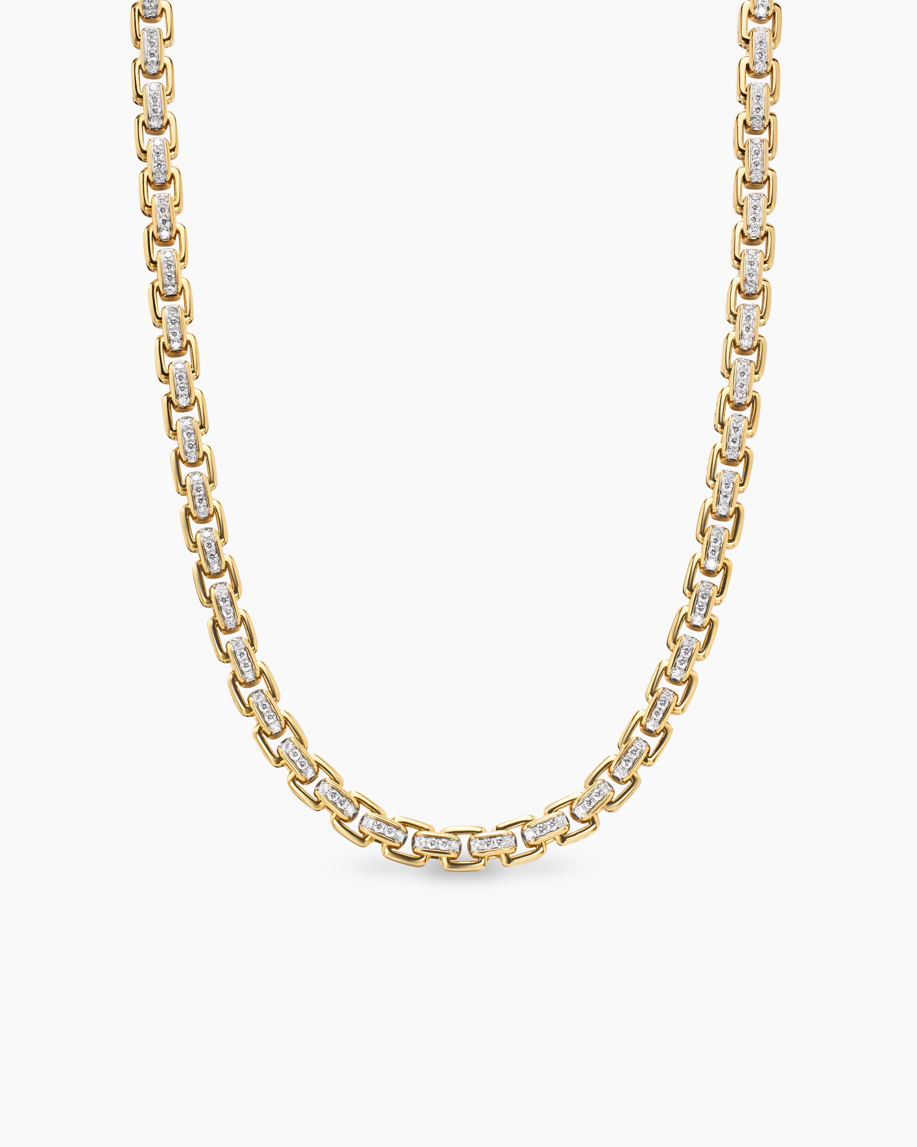 Box Chain Necklace in 18K Yellow Gold with Pavé Diamonds, 7.5mm