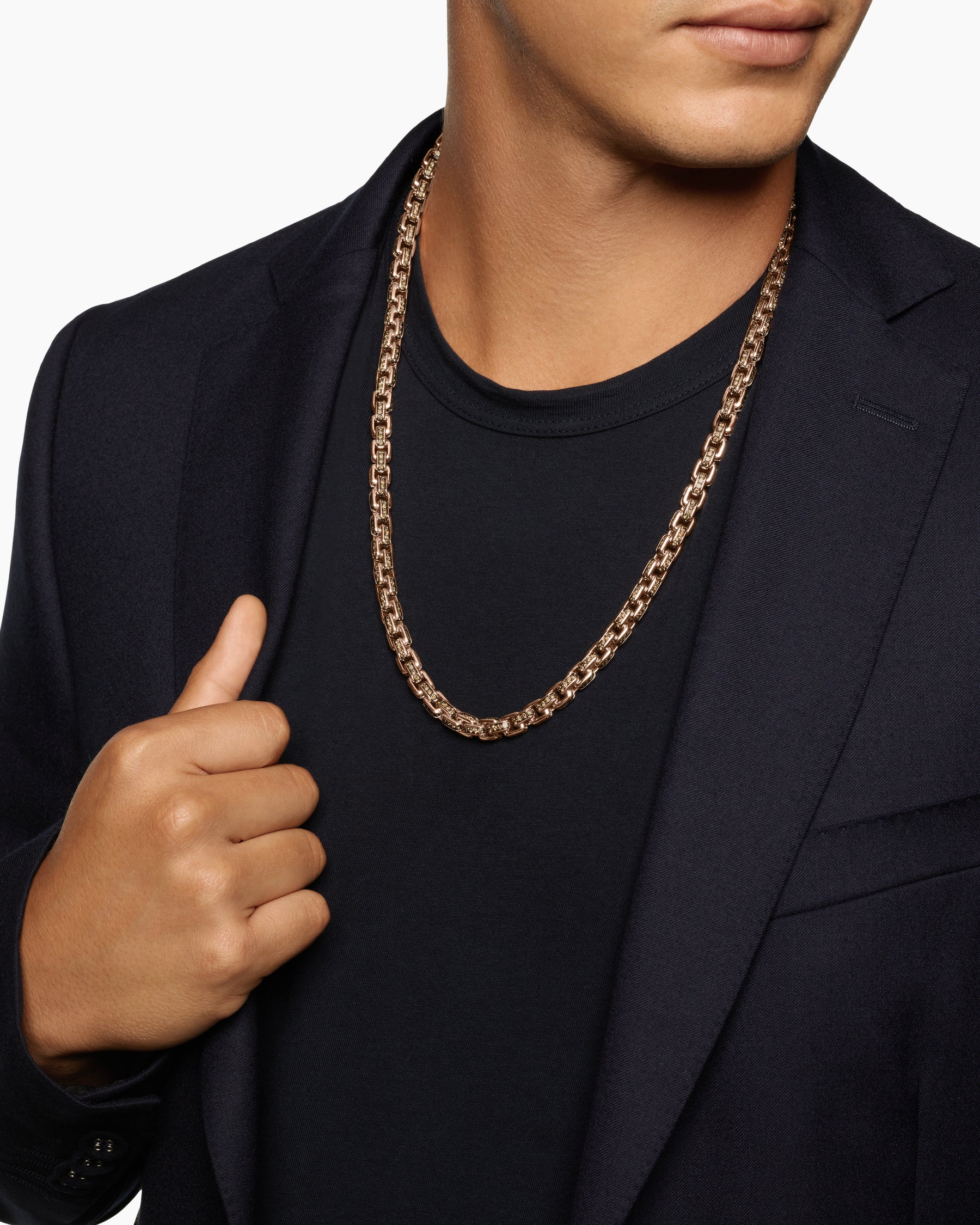 Alternative view of Box Chain Necklace in 18K Rose Gold with Pavé Cognac Diamonds, 7.5mm