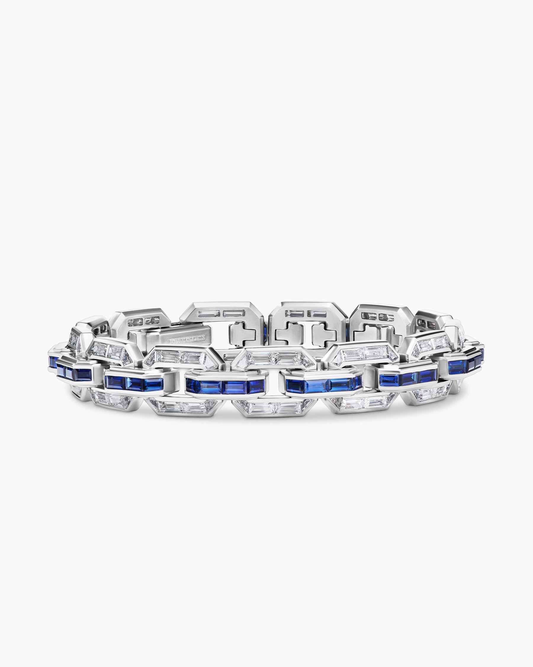 Deco Baguette Link Bracelet in Platinum with Diamonds and Sapphires