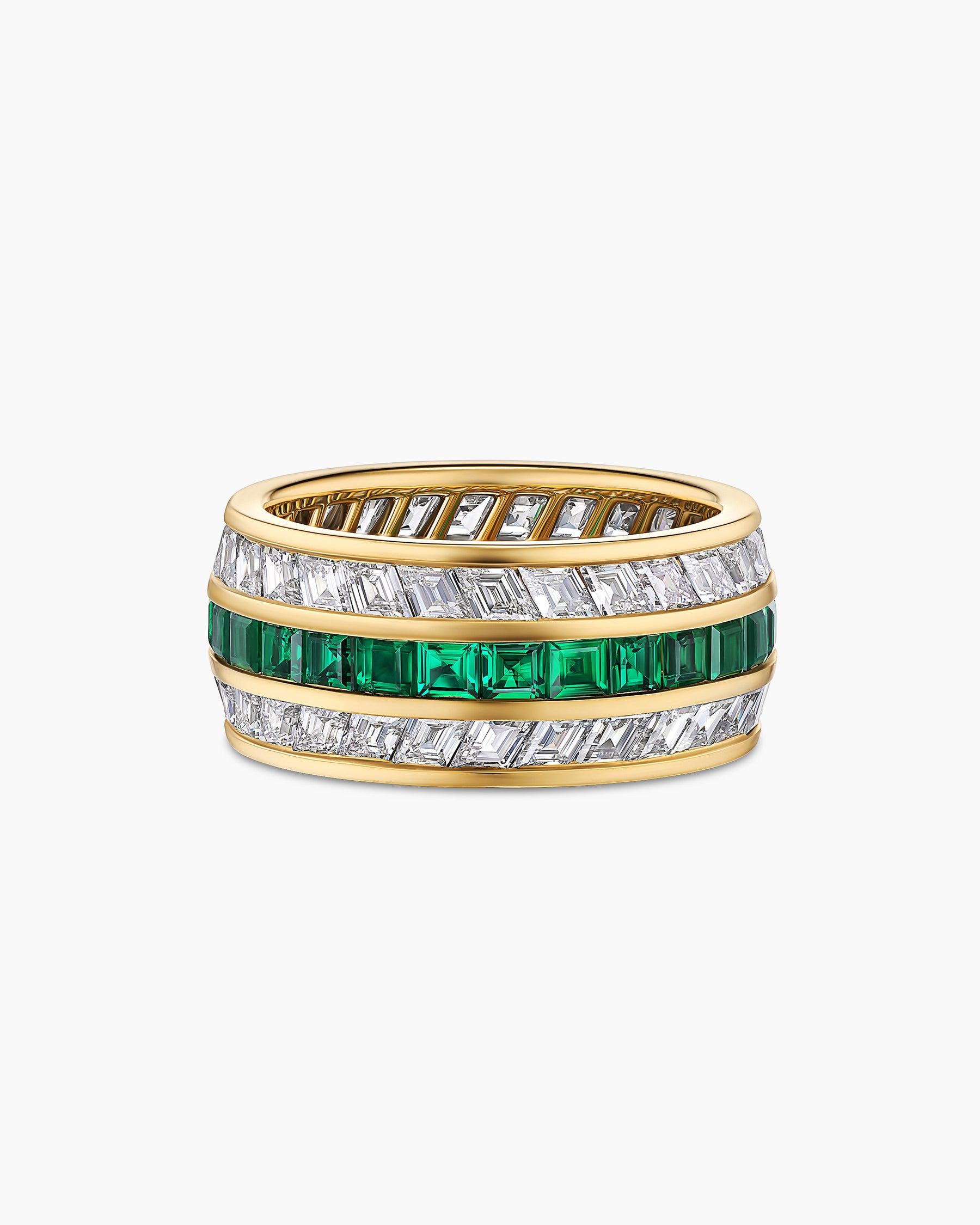 Deco Stone Band Ring in Yellow Gold with Diamonds and Emeralds