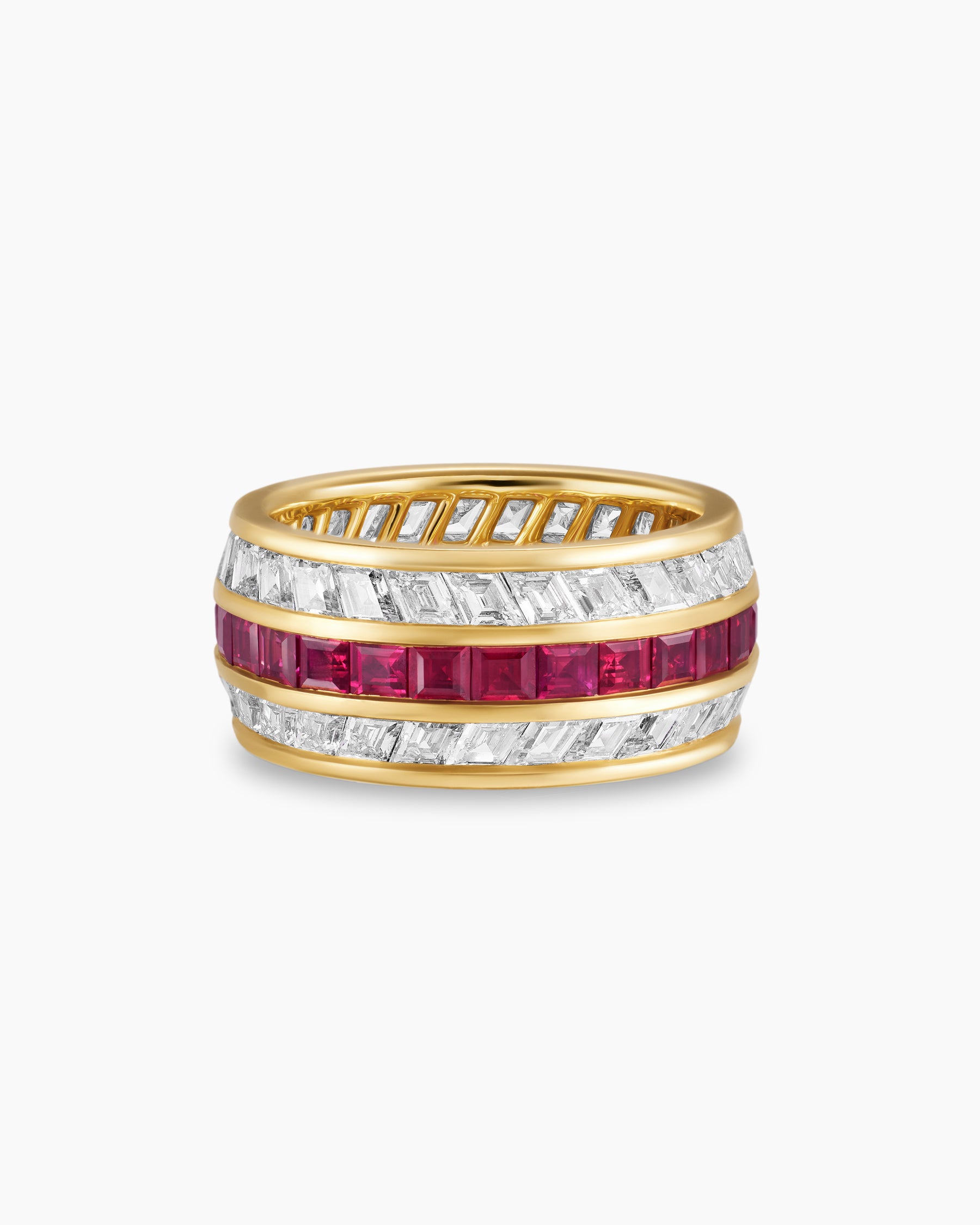 Deco Stone Band Ring in Yellow Gold with Diamonds and Rubies