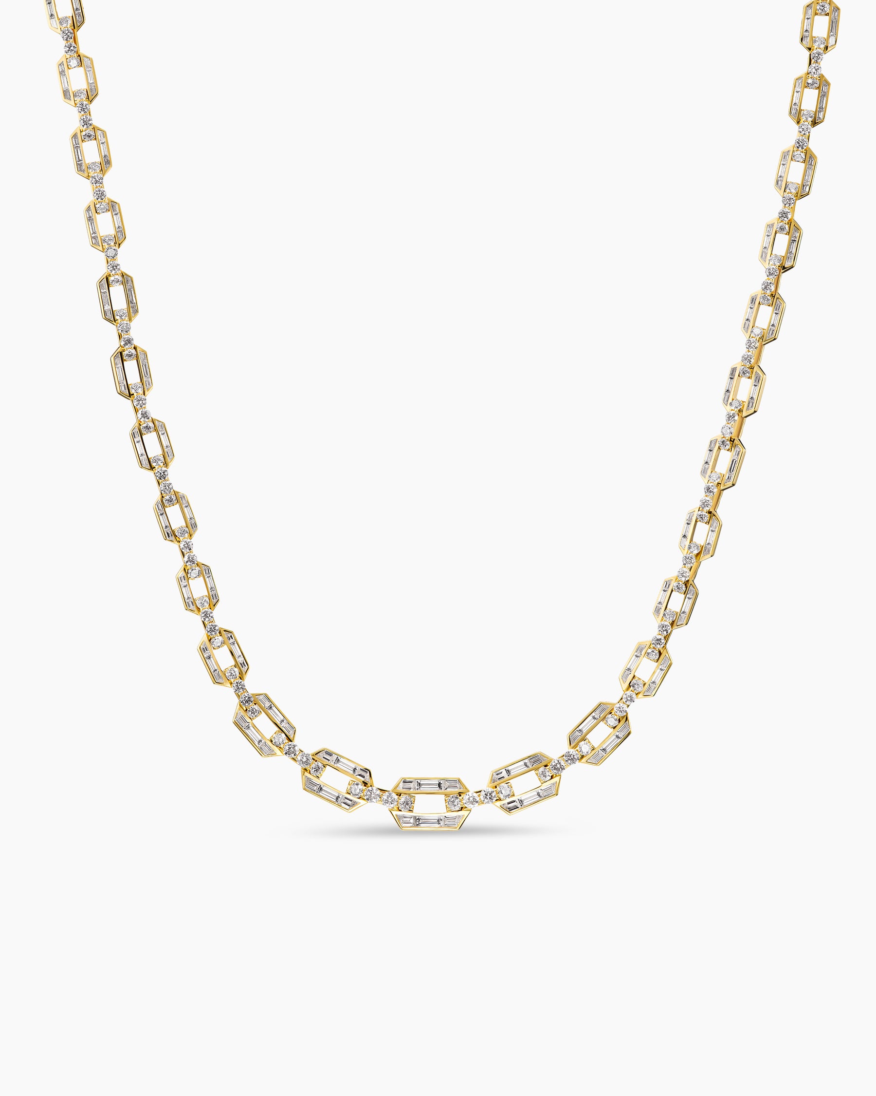 Deco Graduated Chain Link Necklace in Yellow Gold with Diamonds