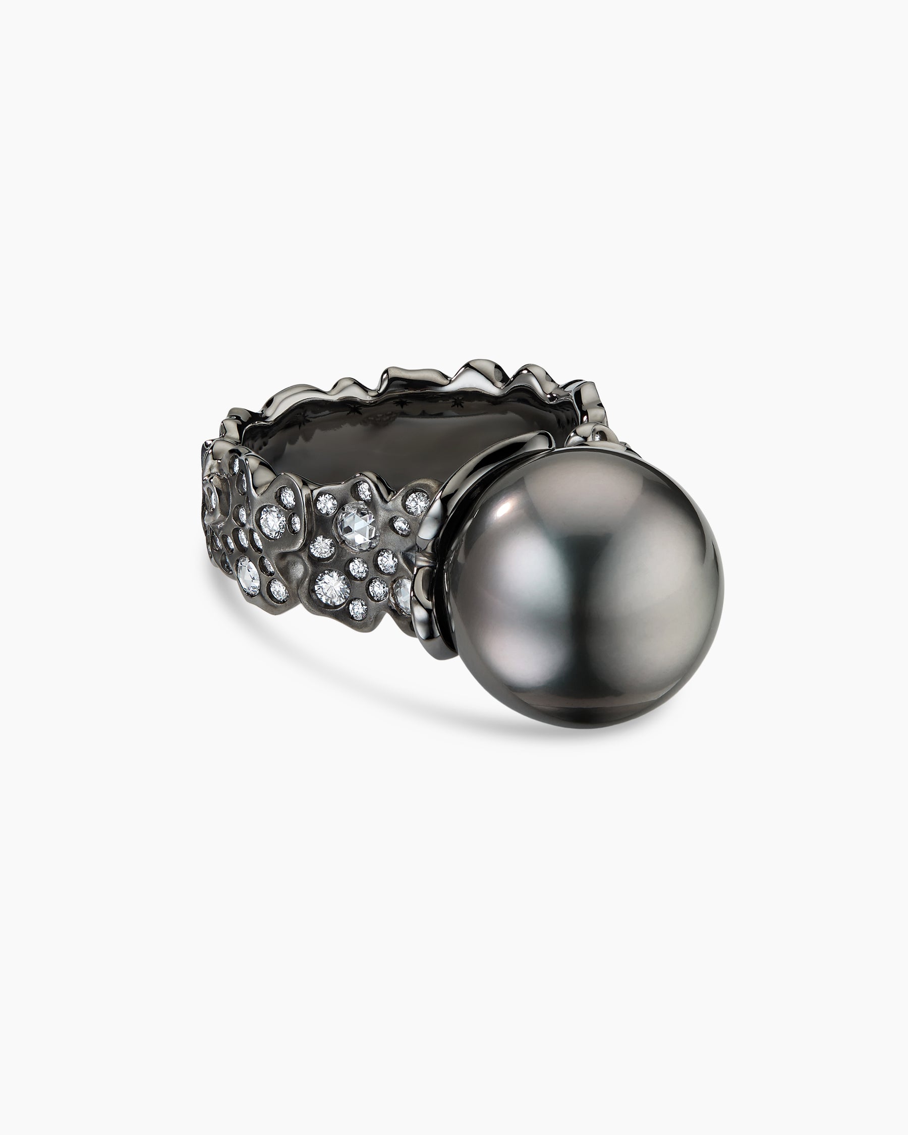 Petals and Tahitian Grey Pearl Ring in White Gold with Rhodiated Black and Diamonds