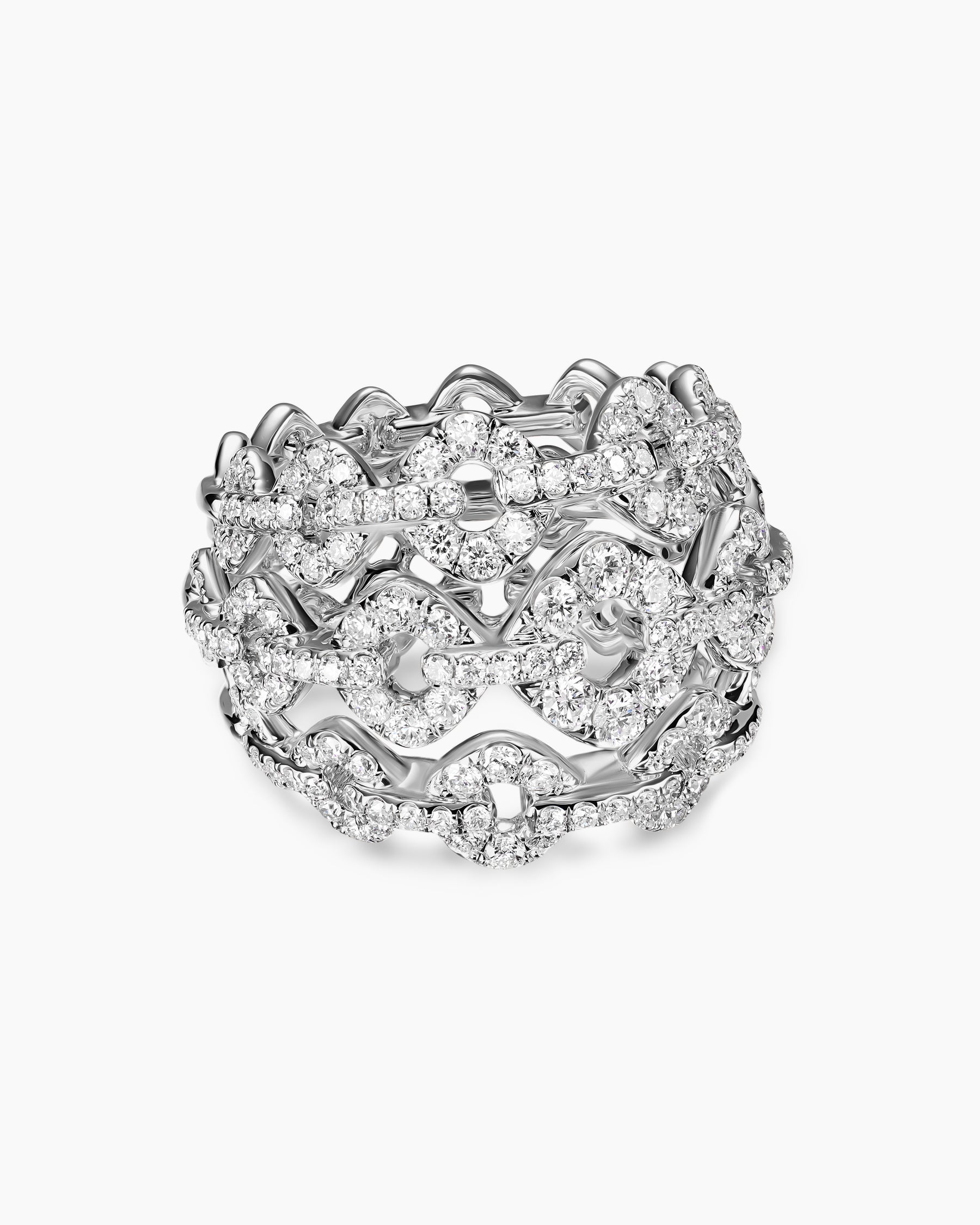 Petite Pavé Cushion Link Dome Ring in White Gold with Diamonds