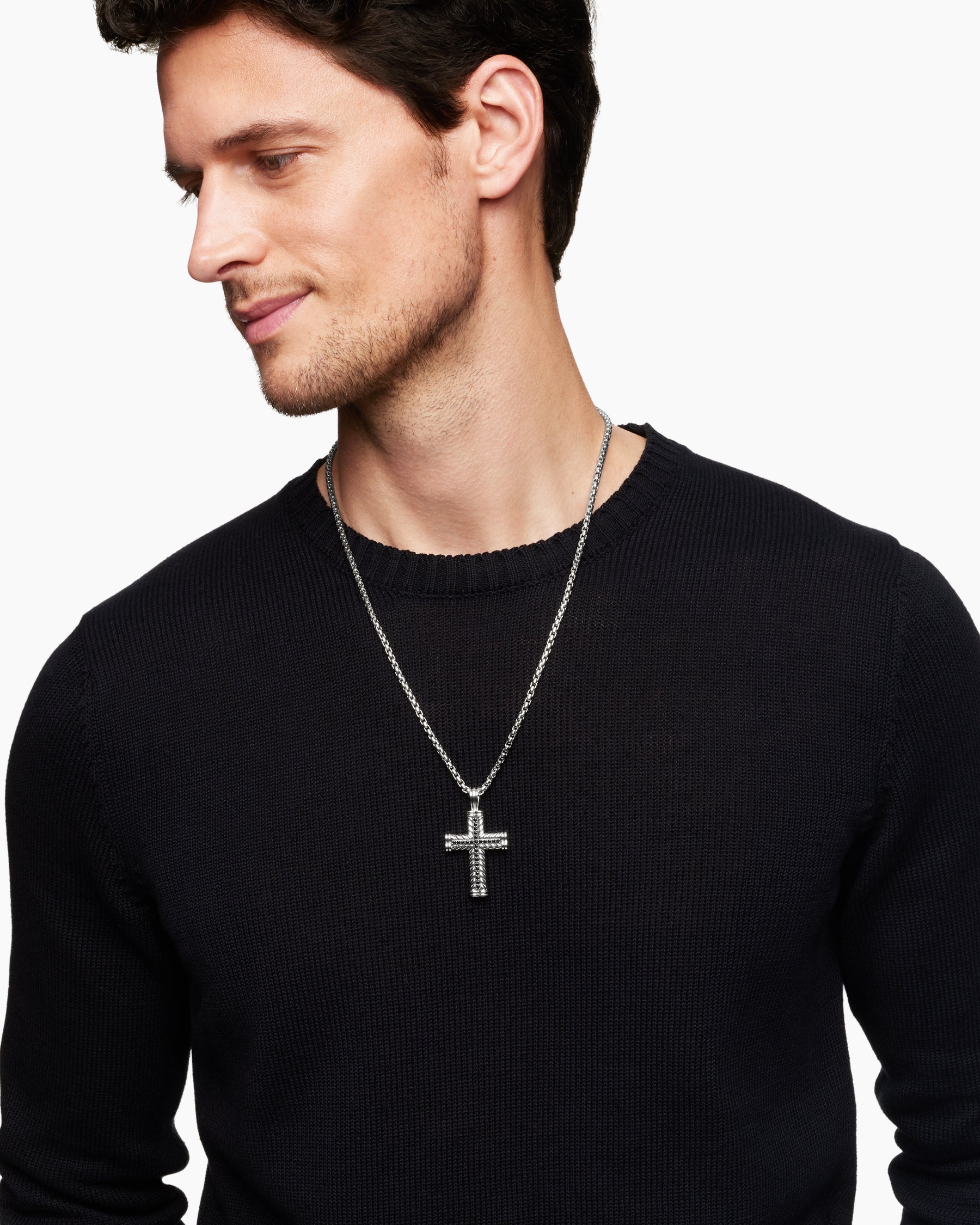 Alternative view of Chevron Cross Pendant in Sterling Silver with Black Diamonds, 41.5mm